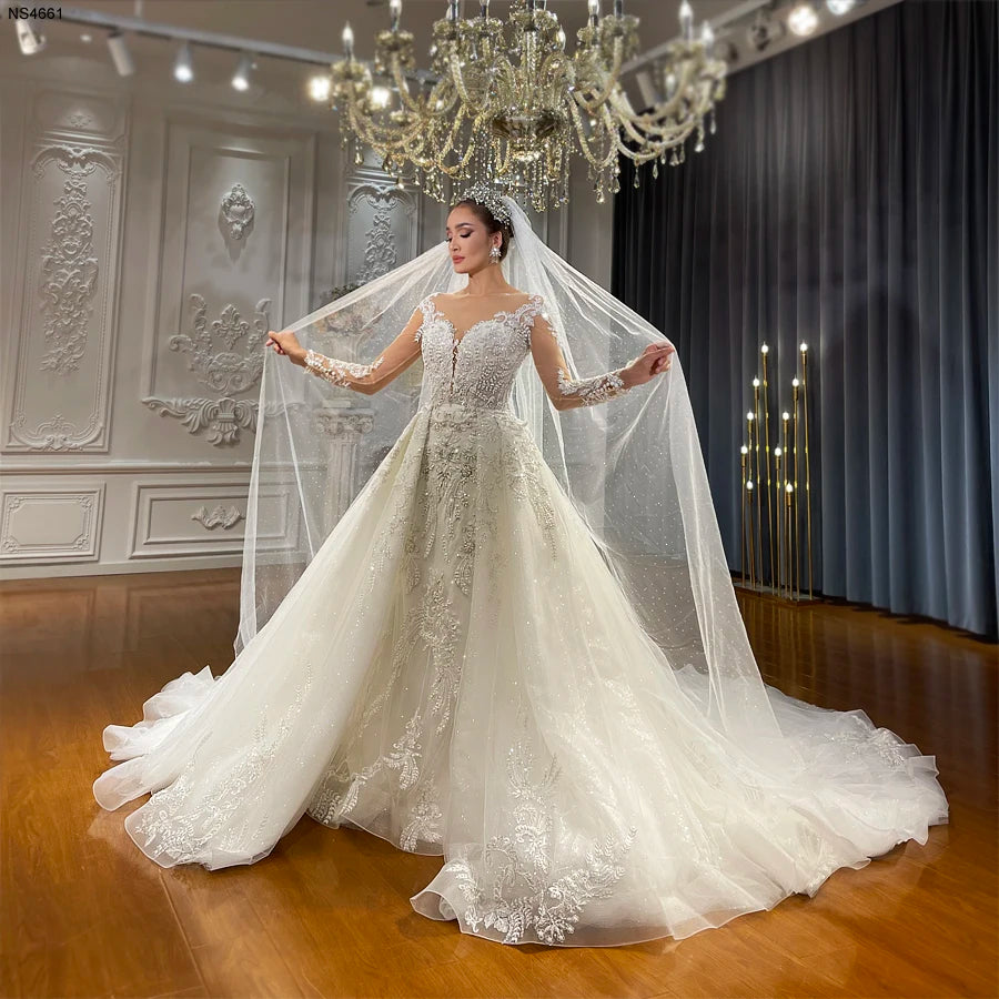 Elegant Mermaid Wedding Dress with Detachable Skirt & Long Sleeves - Trumpet Bridal Gown for Beach, Church & Formal Weddings