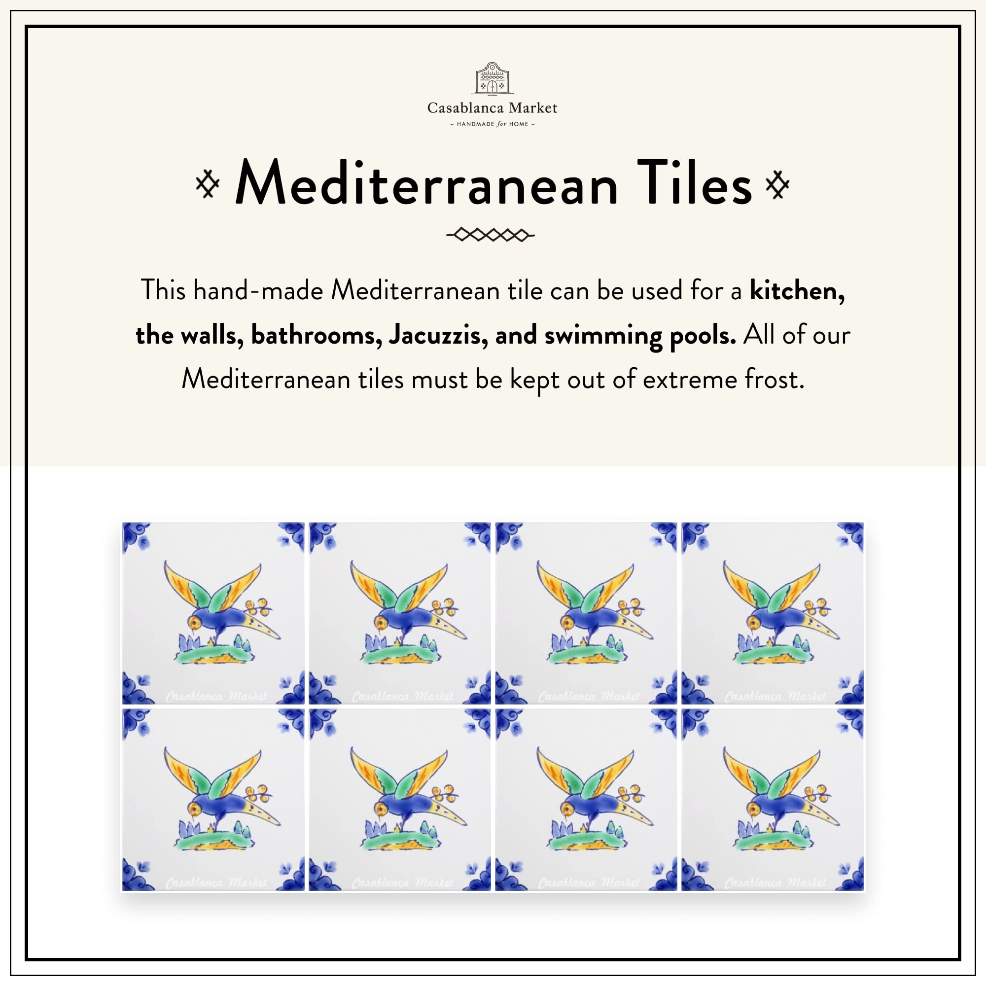 Hand-Painted Mediterranean Ceramic Swallow Decorative Tile - MT024 | Spanish-Inspired Wall Art for Kitchen Backsplash, Bathroom Decor & Outdoor Patio