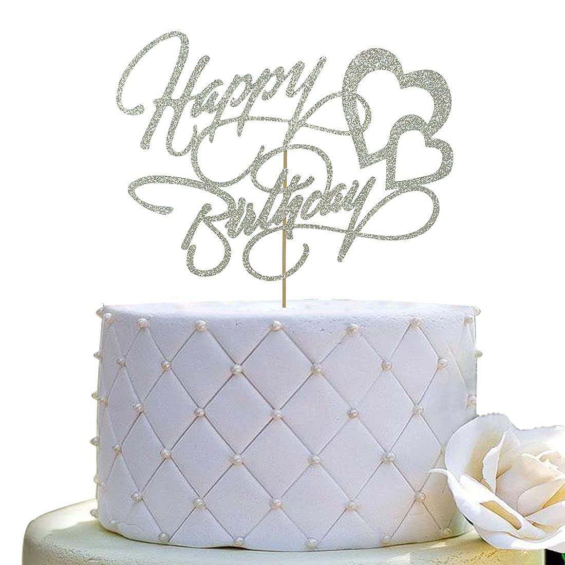Happy Birthday Cake Topper - Double Sided Silver Glitter Party Decoration for Birthday Cakes, Cupcakes & Desserts - Perfect for Birthday Parties, Baby Showers & Celebrations