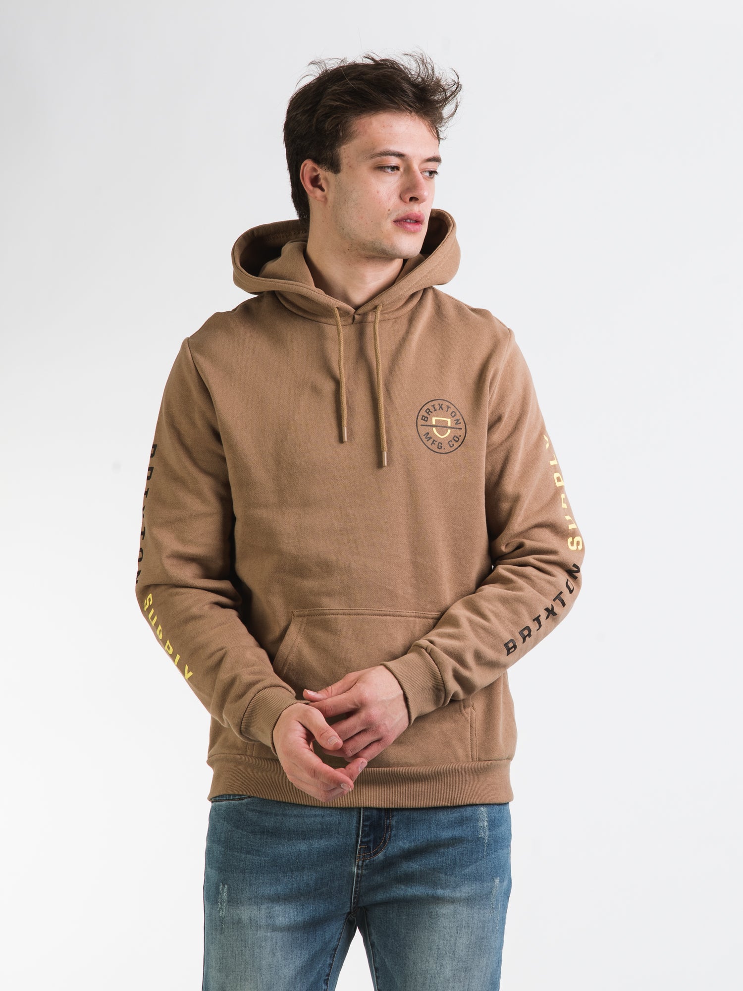 Brixton Crest Pullover Hoodie - Mojave Limelight | Men's Casual Fleece Sweatshirt for Streetwear & Outdoor Activities | Clearance Sale