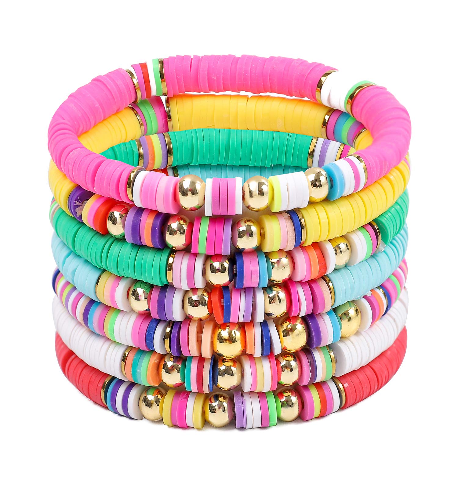 6PCS Handmade Colorful Sliced Clay Bracelets for Women - Stackable Rainbow Vinyl Disc Bead Stretch Bracelets Set - Plastic Summer Wristbands for Casual Wear, Beach Parties & Festival Accessories