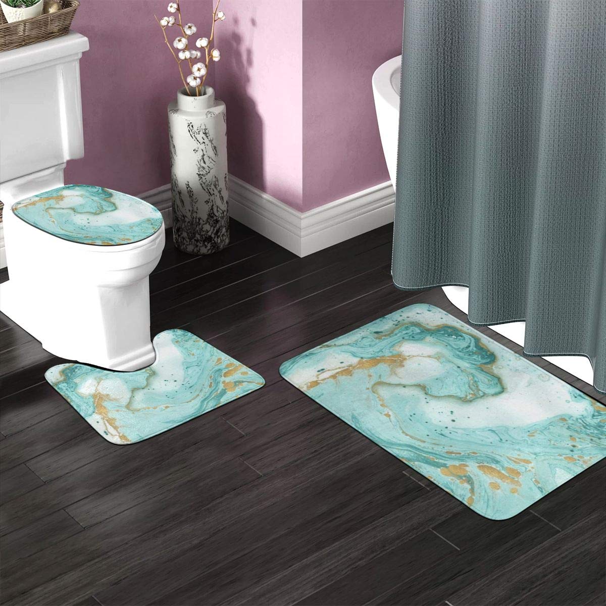 3-Piece Non-Slip Bathroom Rug Set - Turquoise Gold Marble U-Shaped Contour Mat with Toilet Lid Cover | Washable Bath Mats for Bathroom Decor & Safety | Perfect for Master Bath, Guest Bath & Apartment Bathrooms