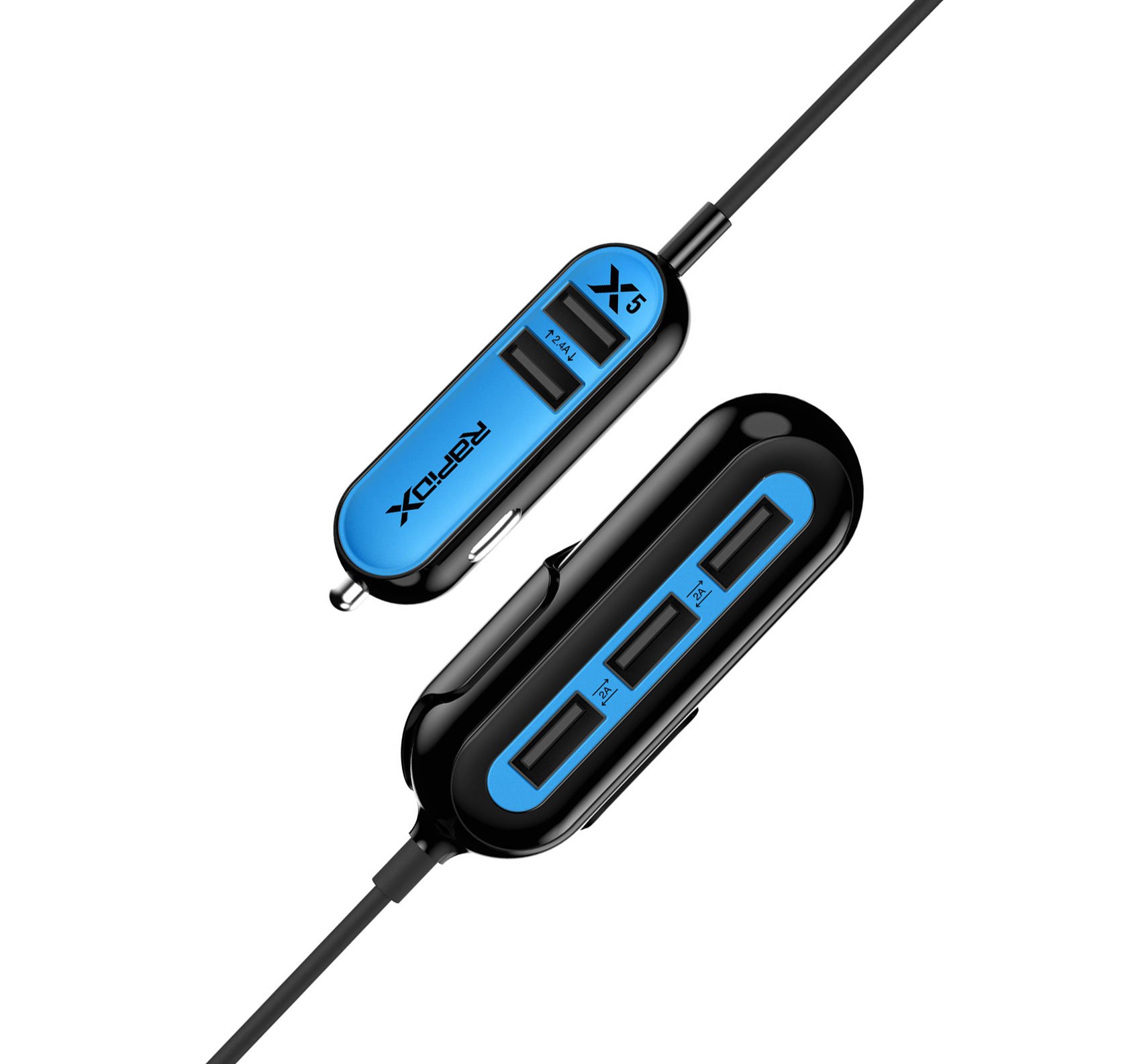 RapidX X5 Fast Car Charger with 5 USB Ports for iPhone, Samsung, Android Phones & Tablets - Blue | Quick Charging for Road Trips, Commuting & Travel Accessories
