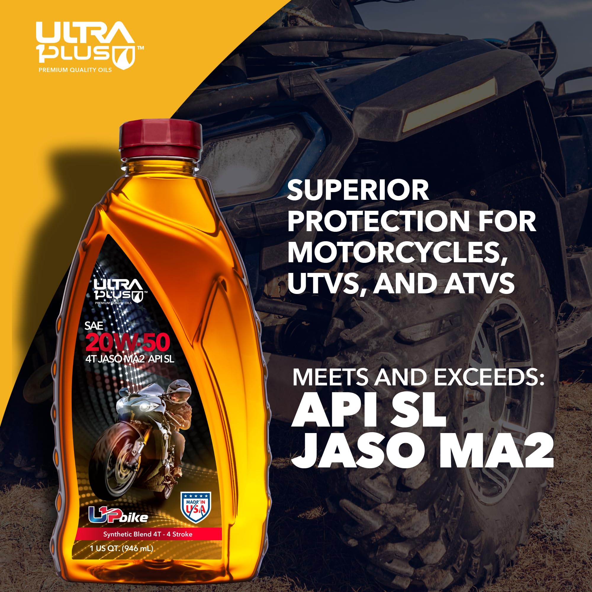 Ultra1Plus 4T 20W-50 Synthetic Blend Motorcycle Oil - API SL JASO MA2 Certified - 12 Quart Pack - High Performance Engine Protection for Cruisers, Touring & Off-Road Bikes