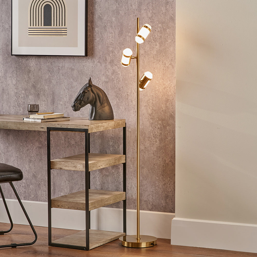 Modern Alondra Gold Metal & White Glass LED Floor Lamp - Adjustable Brightness for Living Room, Bedroom, or Office Lighting