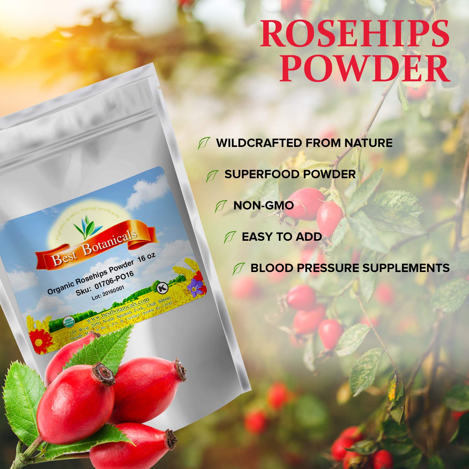 Organic Rosehips Powder 16 oz | Best Botanicals | Antioxidant-Rich Superfood for Smoothies, Teas & Skincare | USDA Certified
