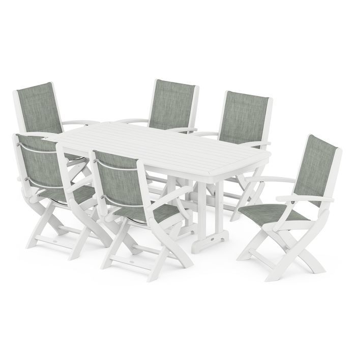 POLYWOOD Coastal Folding Arm Chair 7-Piece Outdoor Dining Set - Perfect for Patio, Deck, Poolside & Beachfront Entertaining