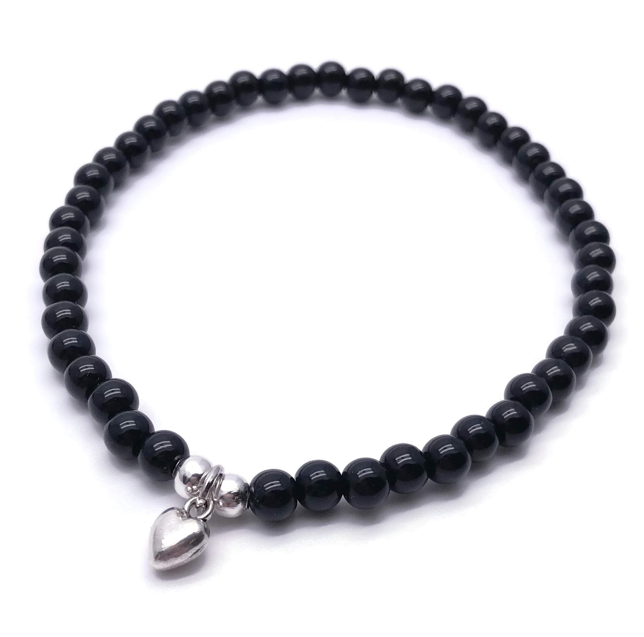 6mm Black Acrylic Beads Heart Charm Anklet - Adjustable 10 Inch Elastic Ankle Bracelet for Women | Perfect for Beach, Summer & Boho Style Jewelry