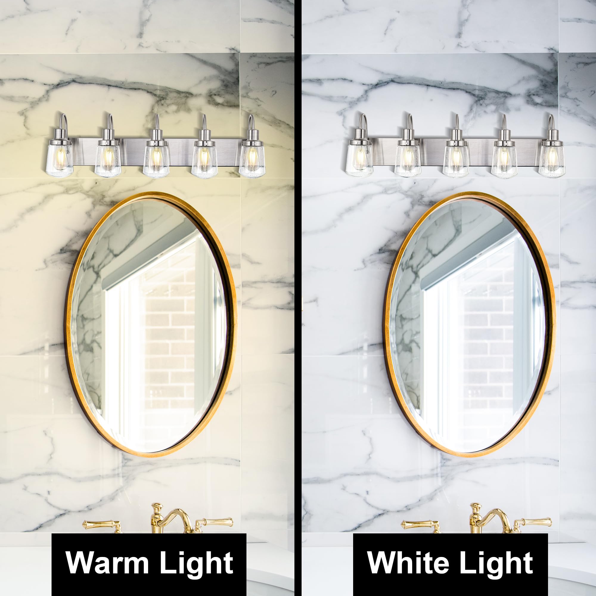 Industrial 5-Light Bathroom Vanity Light Fixtures with Seeded Glass Shade - Nickel Finish Wall Sconce for Mirror Lighting - Perfect for Bathroom, Bedroom, Hallway and Dressing Room Vanity Areas