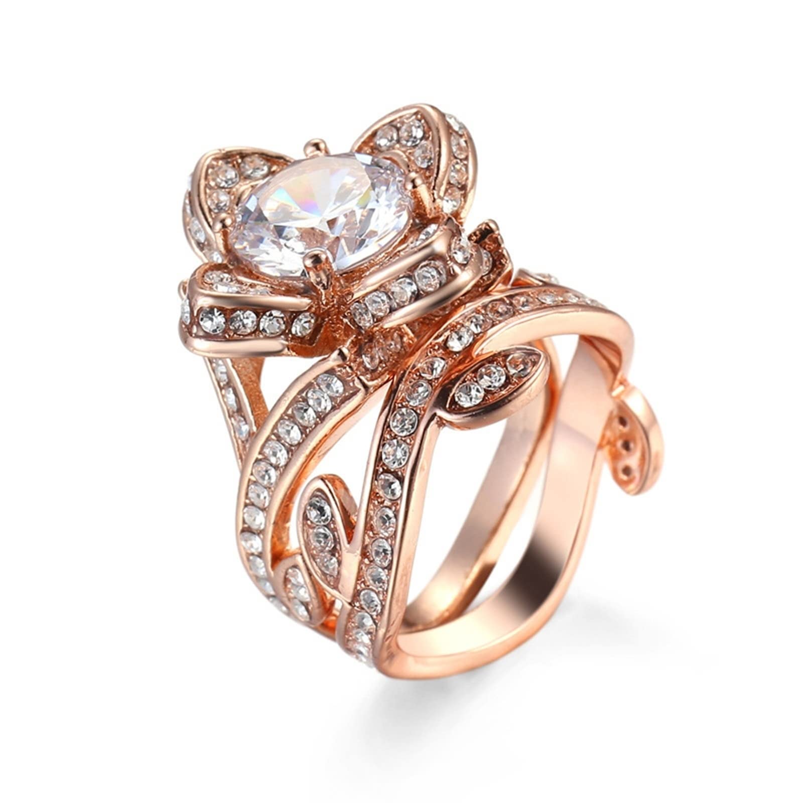 Vintage Rose Gold Wedding Ring for Women - White Round Cubic Zirconia with Rose Design, Elegant Valentines Day Gift, Perfect for Engagement, Anniversary & Romantic Occasions