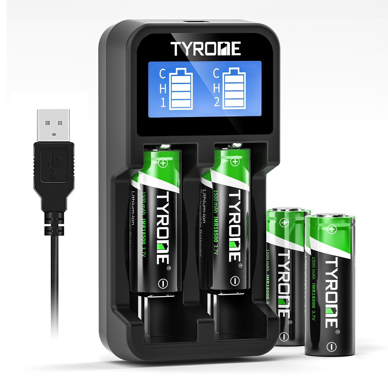 Tyrone 18500 Rechargeable Batteries 4-Pack with Smart Charger - 1500mAh 3.7V Flat Top Lithium Batteries & 2-Port USB Charger for Flashlights, Vape Mods, and Electronic Devices