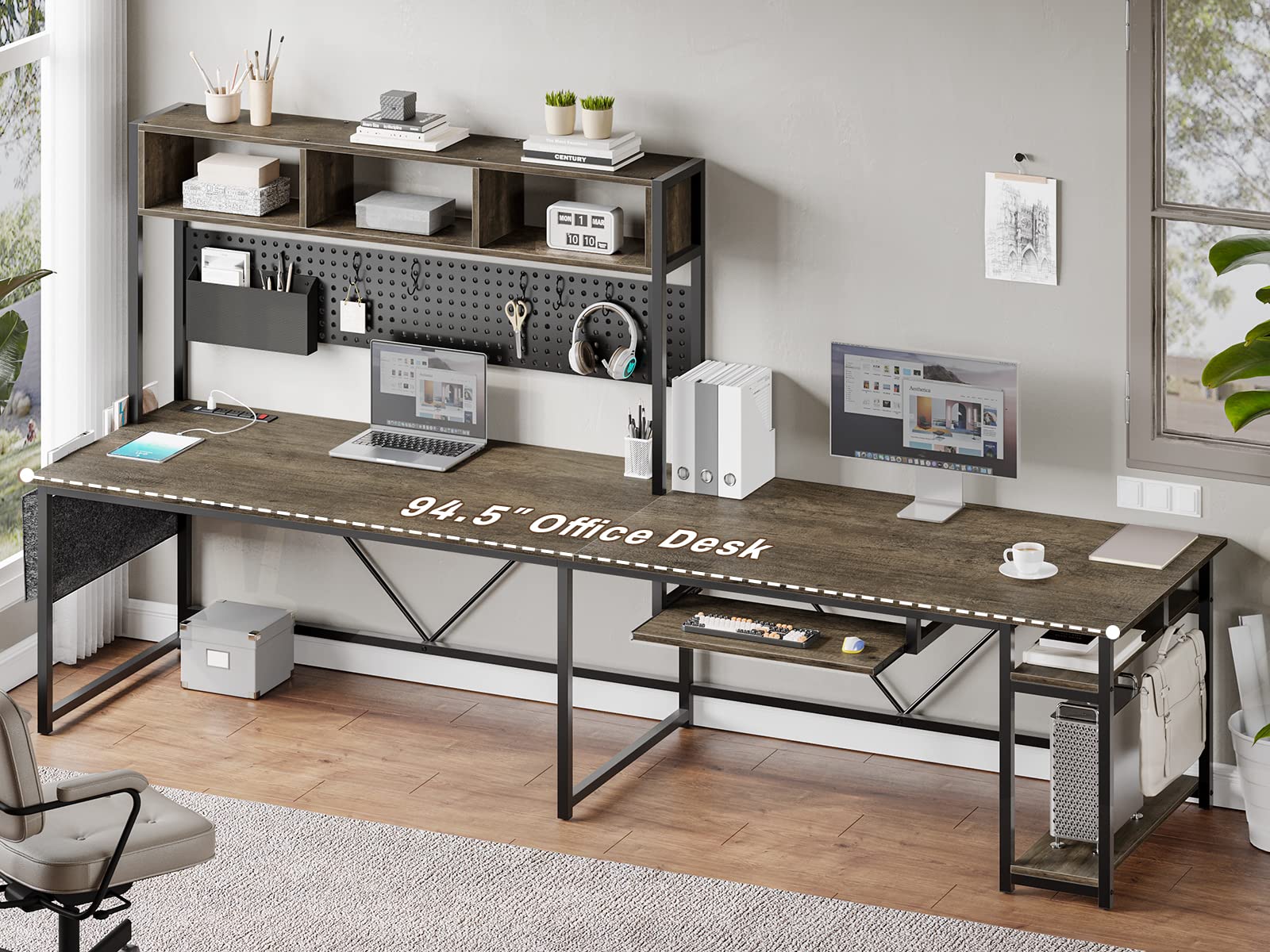 SEDETA 94.5 Inch L-Shaped Office Desk with Power Outlet, LED Light, Keyboard Tray & Storage Shelves - Modern Walnut Brown Computer Desk for Home Office Workstation, Gaming & Study Setup