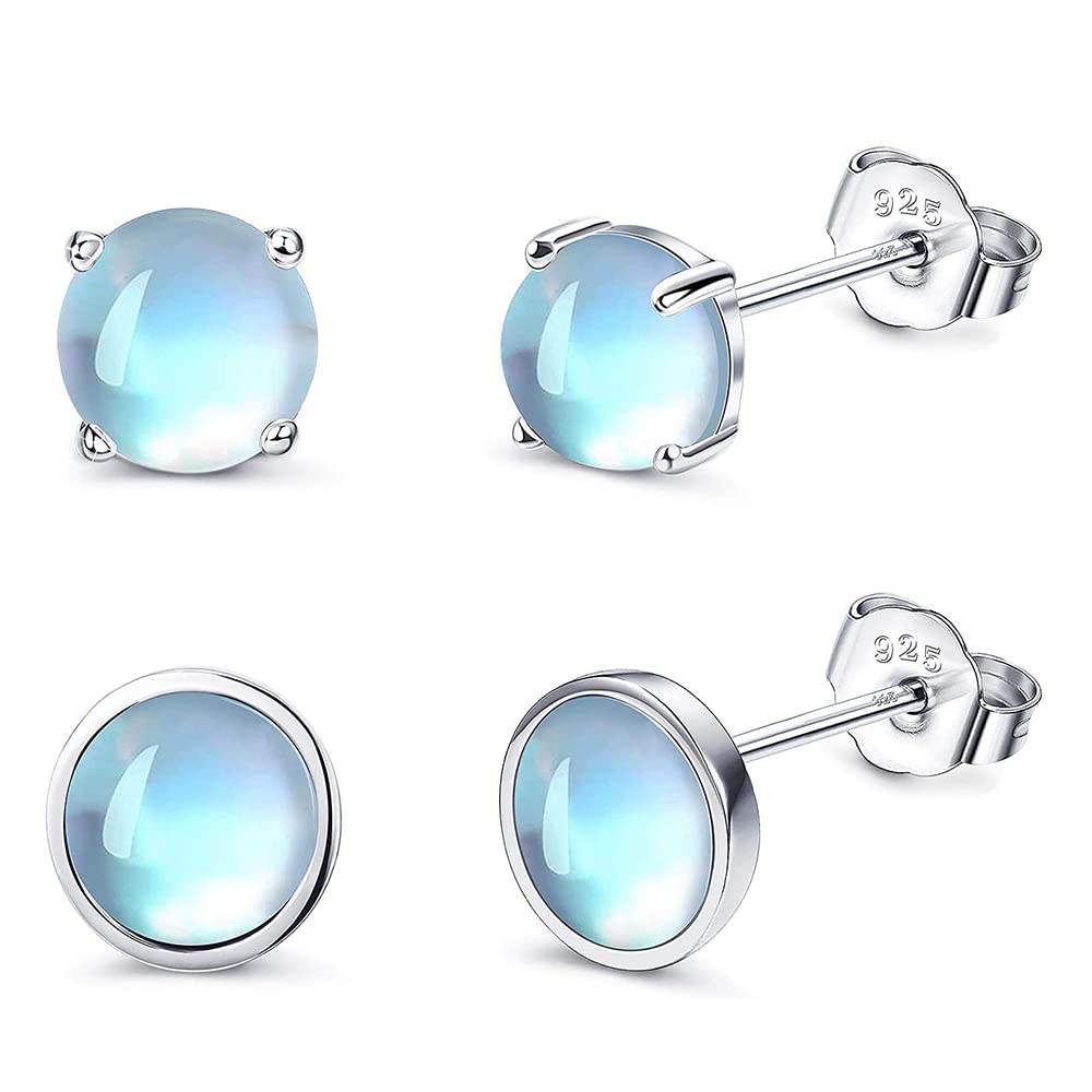 2 Pairs Moonstone Sterling Silver Stud Earrings for Women - Hypoallergenic Rainbow Studs, Dainty Jewelry Gift for Her | Perfect for Everyday Wear, Date Nights & Special Occasions