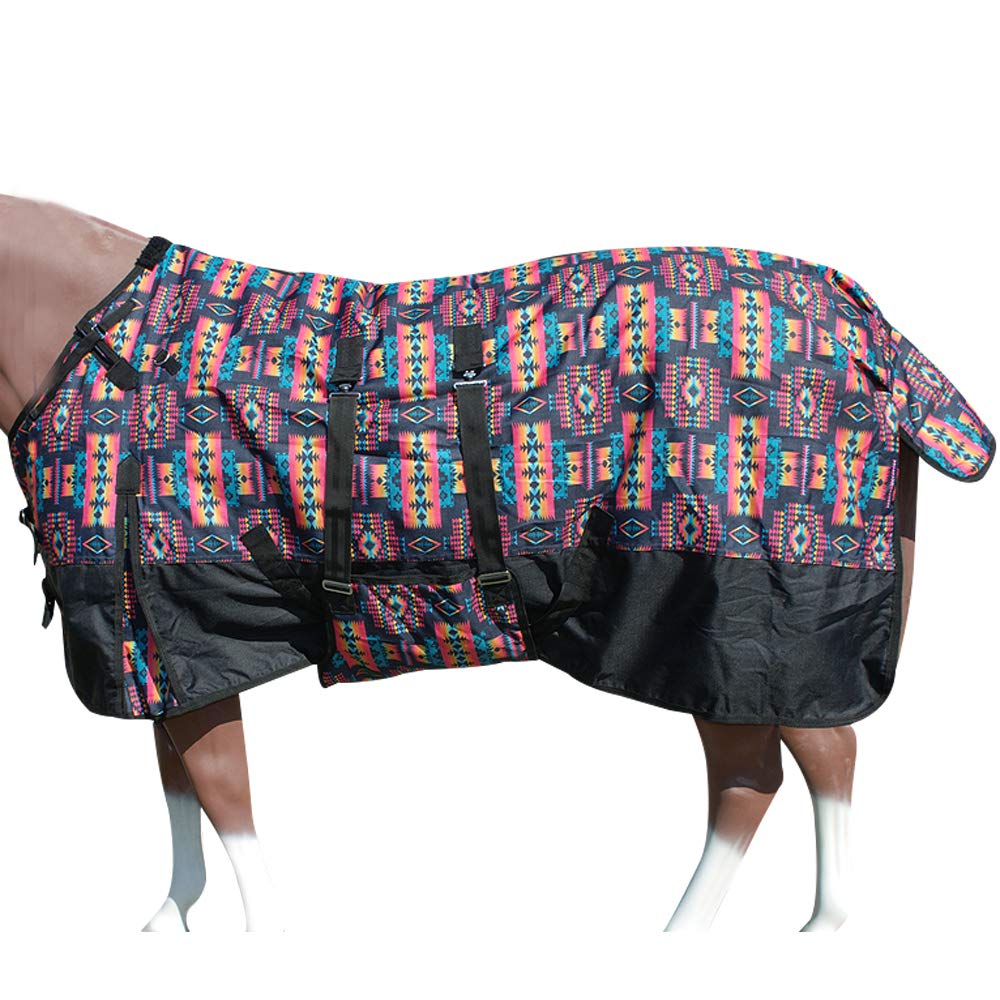 HILASON 1200D Winter Waterproof Horse Blanket with Belly Wrap - Black Aztec Design 66 Inch - Heavy Duty Polyester Horse Rug for Cold Weather Riding & Stable Use