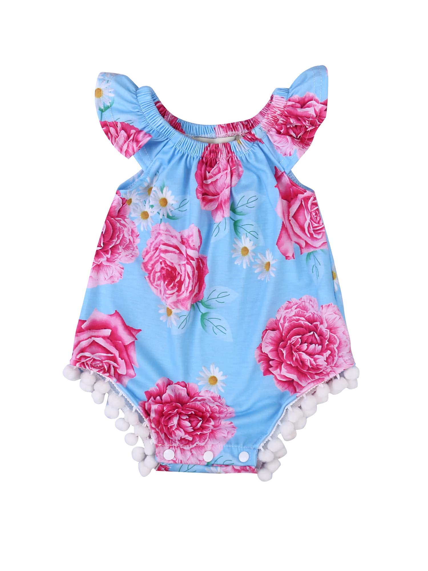 Baby Girl Floral Romper - Newborn Infant Summer Sleeveless Jumpsuit with Tassel Pompoms & Headband | Soft Cotton Bodysuit for 0-24 Months | Perfect for Photoshoots, Birthday Parties & Outdoor Play