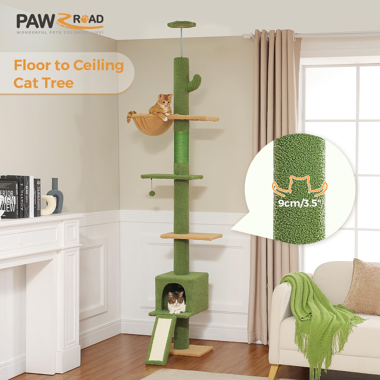 PAWZ Adjustable Floor-to-Ceiling Cat Tree Tower (82.7''-107.8'') - Tall Cactus Design Cat Climbing Furniture with Scratching Post, Ladder, Hammock & Condo for Indoor Cats - Perfect for Small Spaces & Cat Play Areas - Green