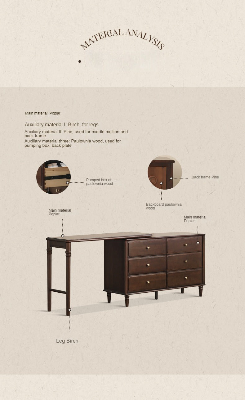 Vintage Poplar Solid Wood Extendable Vanity Dressing Table with Mirror - Perfect for Bedroom, Makeup & Cosmetics Organization