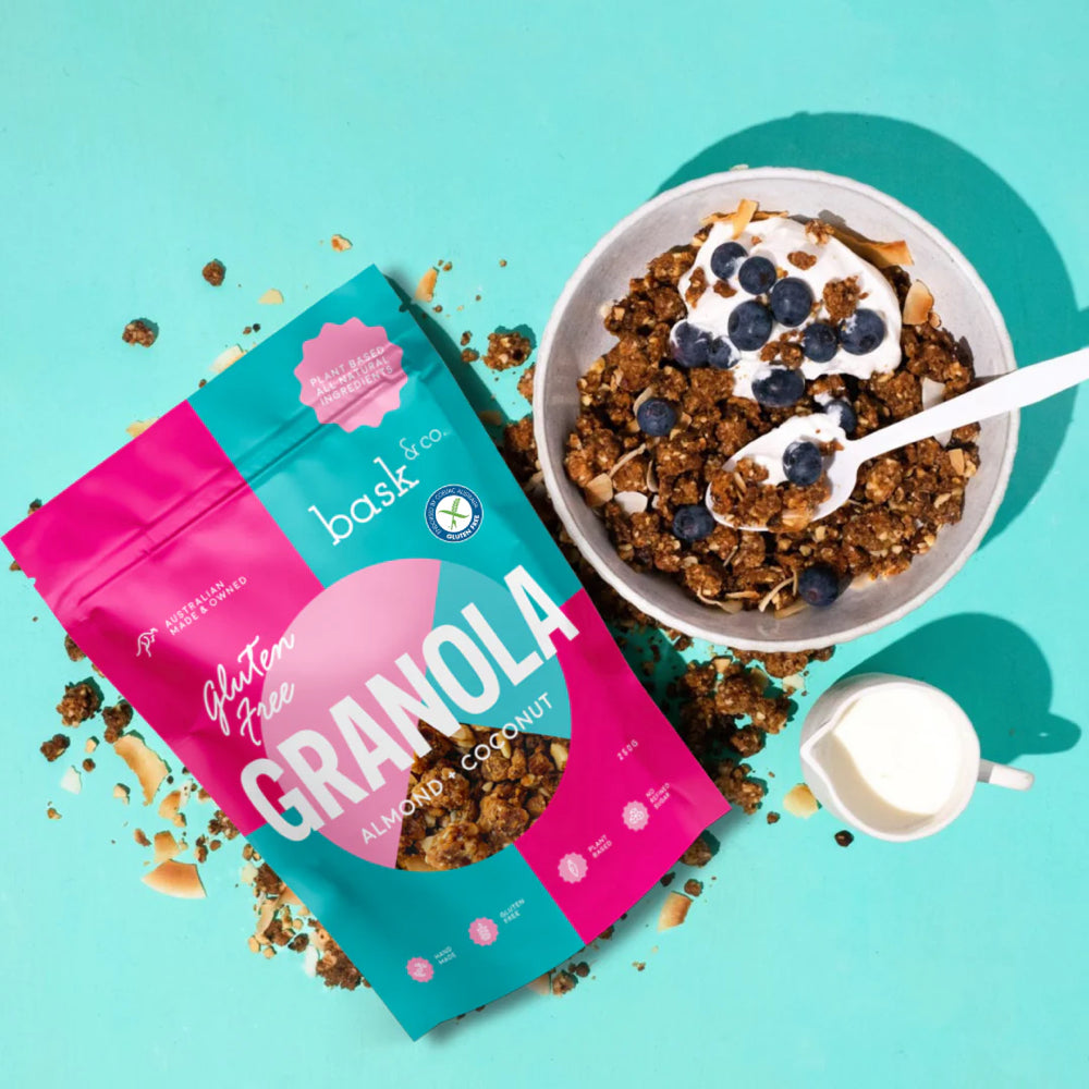 Bask & Co Gluten Free Granola Clusters - Almond & Coconut 250g | Healthy Snack for Breakfast, Hiking & On-the-Go | Vegan, Non-GMO, All-Natural Ingredients