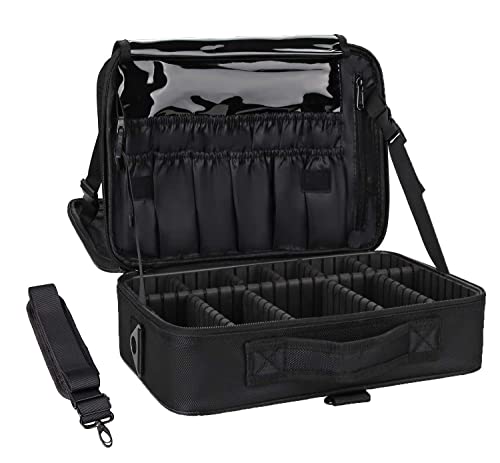 SMARAN Professional Makeup Organizer Bag - Waterproof Cosmetic Case with Dividers for Brushes & Toiletries - Travel Vanity Pouch (34 x 23 x 12cm) - Black Nylon Medium Size | Perfect for Home, Travel & Salon Use