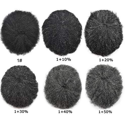 Full Lace Afro Toupee for Black Men - 8x10 Kinky Curly Virgin Human Hair System with Natural Hairline (Jet Black +20% Grey, 6mm) - Perfect for African American Men's Hair Replacement & Styling