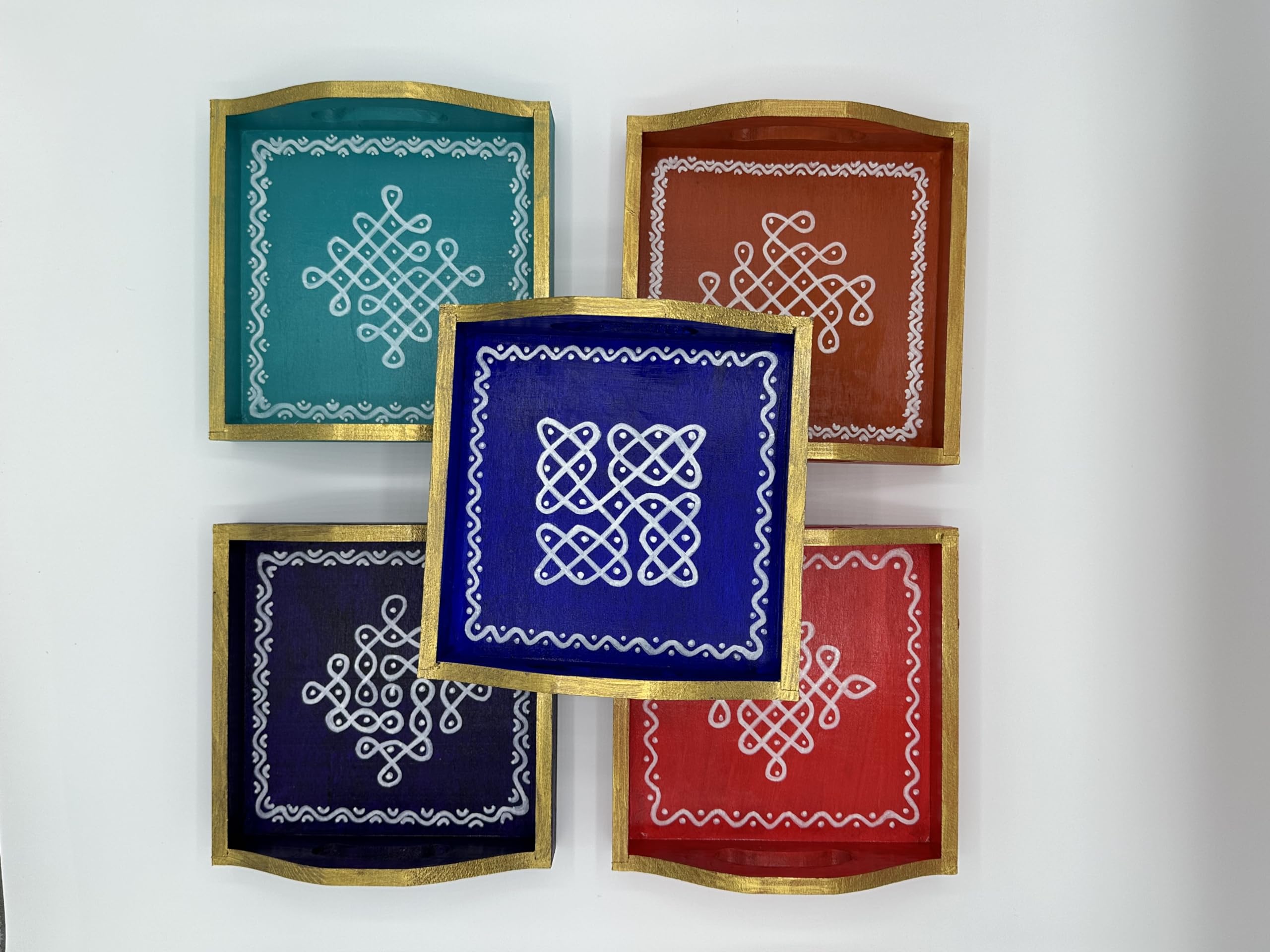 Hand Painted Indian Kolam Trays - 6x6 Inch Decorative Serving Trays for Coffee Table - Traditional Indian Housewarming, Wedding & Pooja Gifts (Set of 10) - Perfect for Festive Decor, Tea Parties & Cultural Celebrations