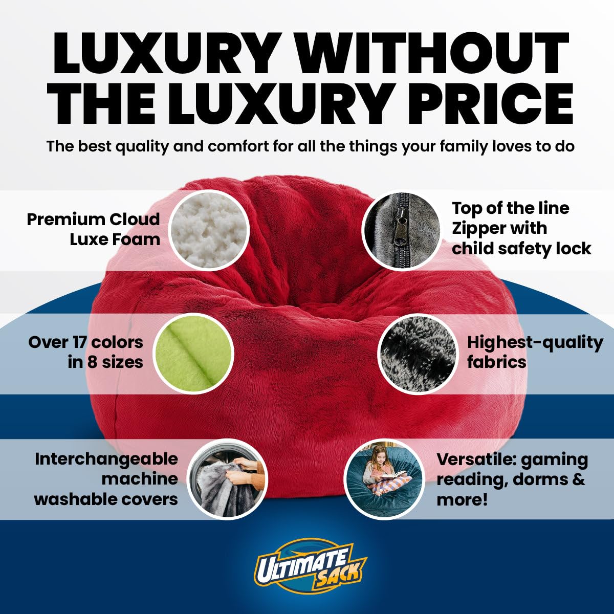 ULTIMATE SACK 6ft Oversized Bean Bag Chair for Adults - Super Soft Black Fur Lounger | Perfect for Living Room, Game Room & Dorm Relaxation