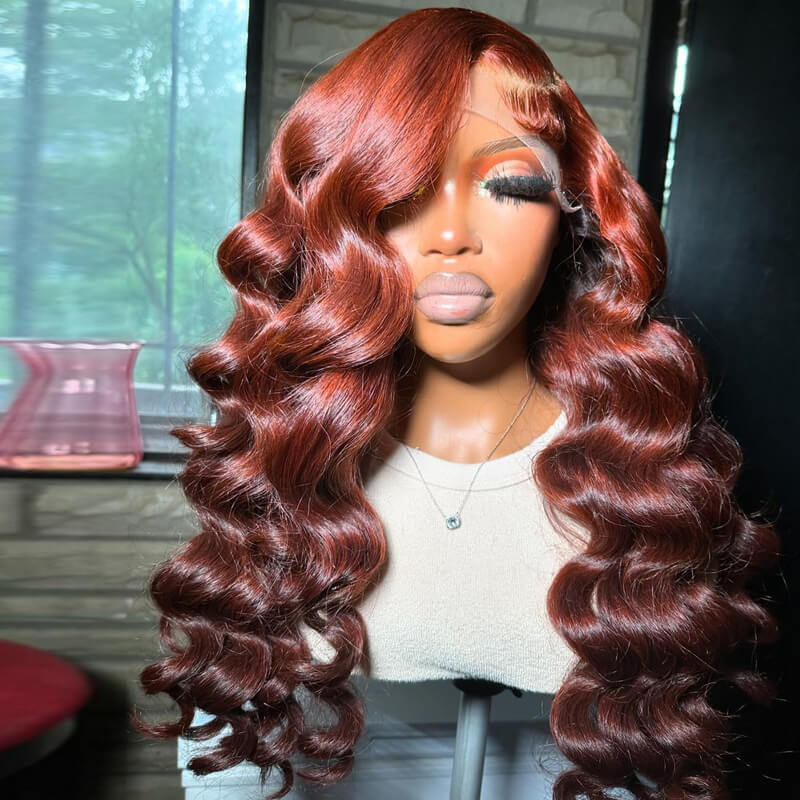 Eullair Ombre Light Copper Red Brown Pre-Colored Human Hair Wig - Glueless Lace Frontal Wig with Loose Deep Wave (EW002) for Cosplay, Daily Wear & Special Occasions