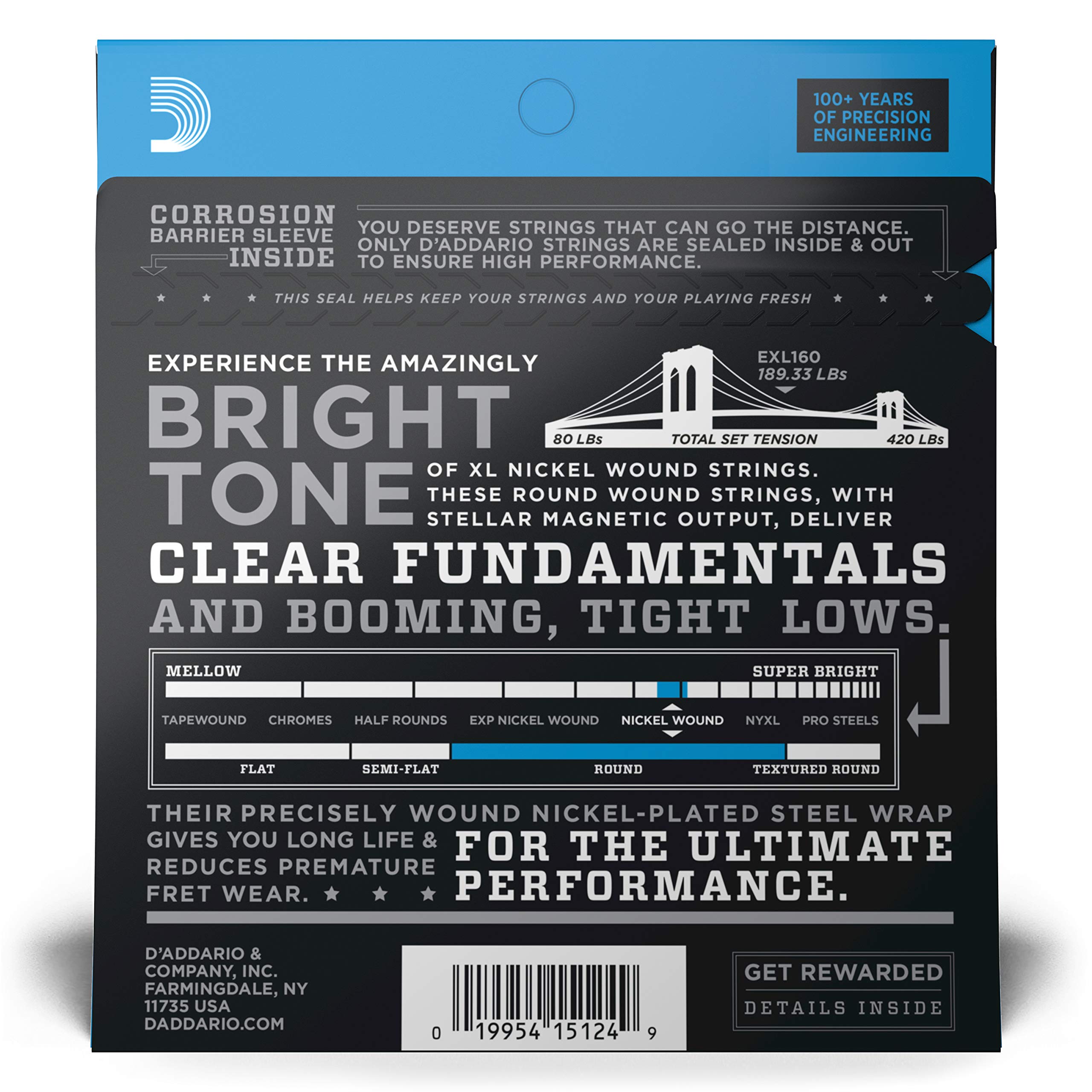 D'Addario EXL160 XL Nickel Bass Guitar Strings - 50-105 Medium Gauge, Long Scale for 4 String Bass - Superior Intonation, Consistent Feel & Extreme Durability - Perfect for Live Performances, Studio Recording & Bass Practice Sessions