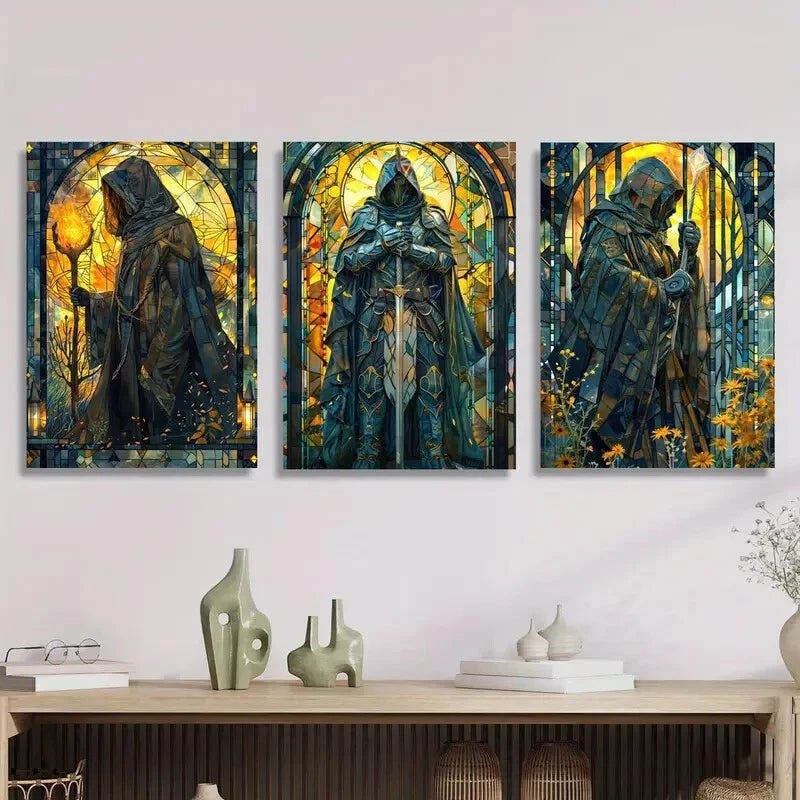 3-Piece Fantasy Paladin Warrior Metal Wall Art Prints - Ready to Hang Medieval Knight Decor for Living Room, Bedroom & Gaming Room