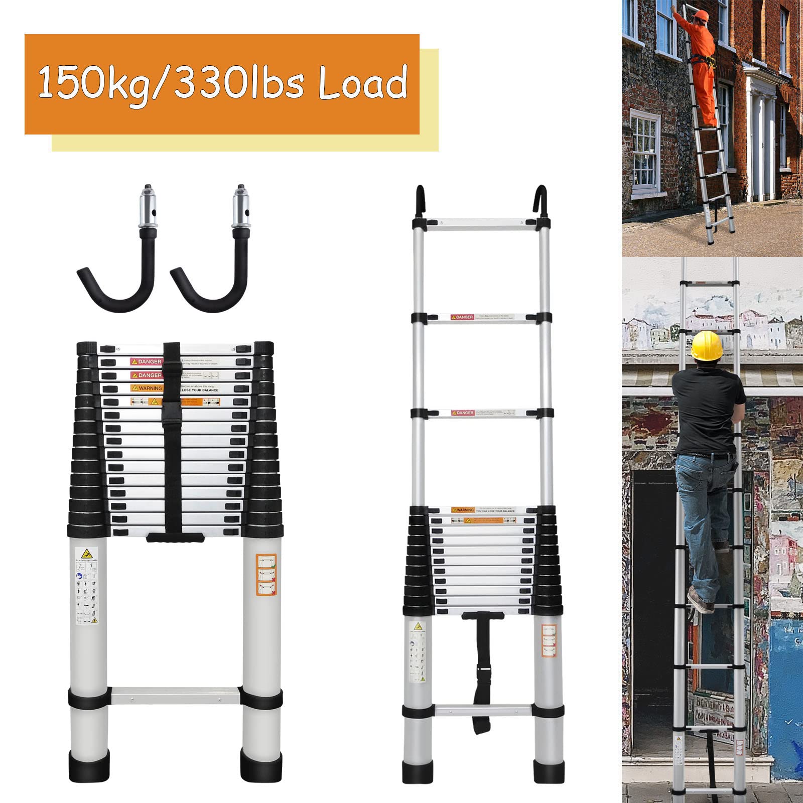 20.3ft Aluminum Telescoping Ladder - Lightweight Portable Extension Ladder with 2 Detachable Hooks, 330lbs Load Capacity EN131 Certified - Perfect for Home, Office, Attic, Roof Work & Outdoor Projects - Folded Height 3.4ft for Easy Storage