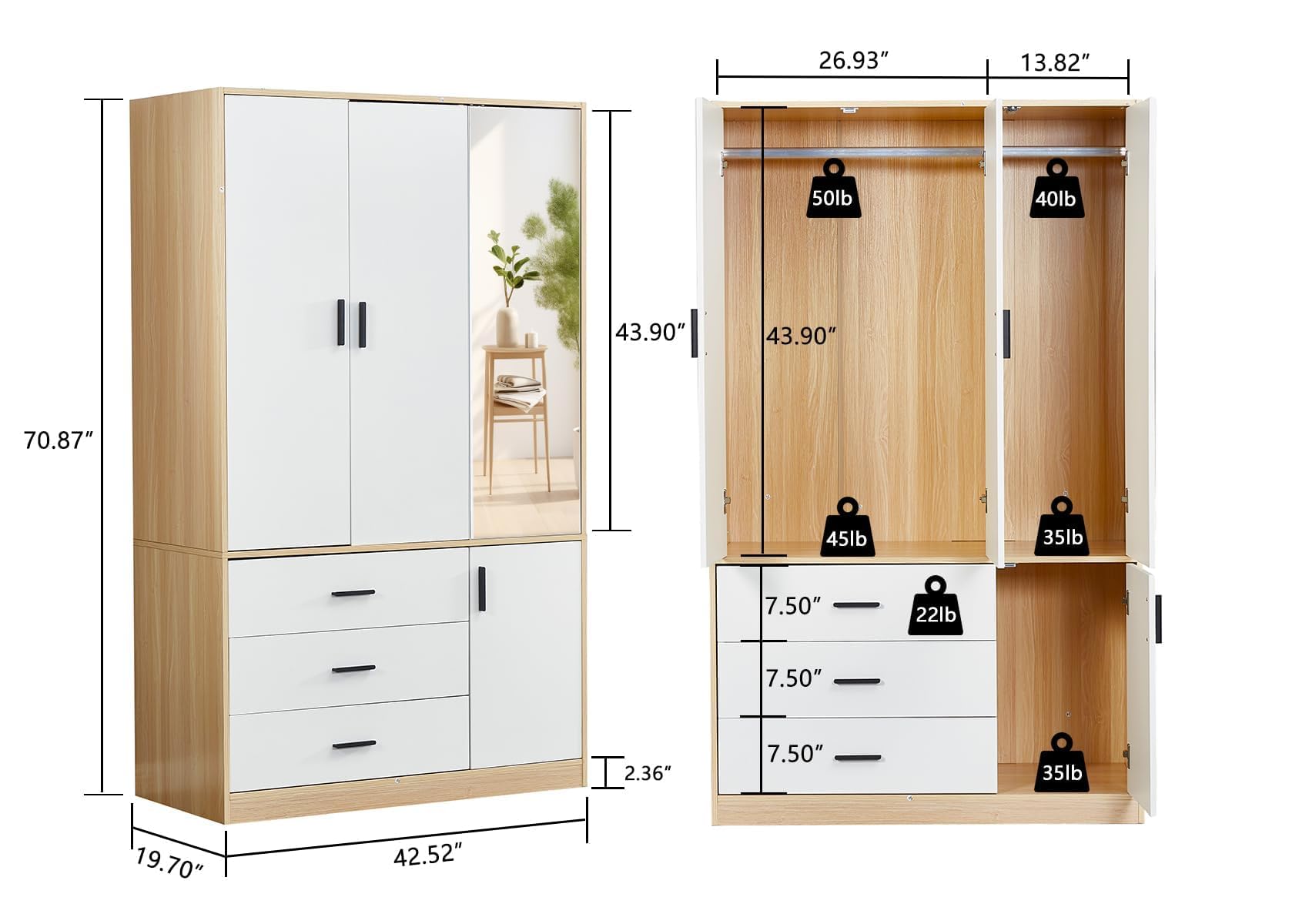 3-Door Wooden Wardrobe Closet with Mirror & 3 Drawers - Freestanding Storage Cabinet with Hanging Rod - Perfect for Bedroom, Guest Room or Dorm Organization