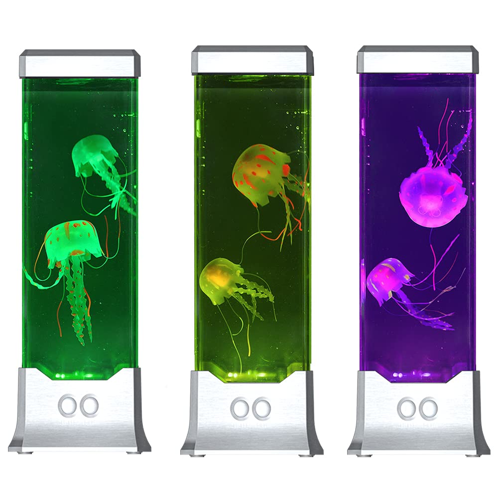 COLORLIFE Electric Jellyfish Tank Desk Lamp with 16 Color Changing LED Lights - USB Powered Mood Lighting for Kids, Men & Women - Perfect for Bedroom, Office & Relaxation (Silver)