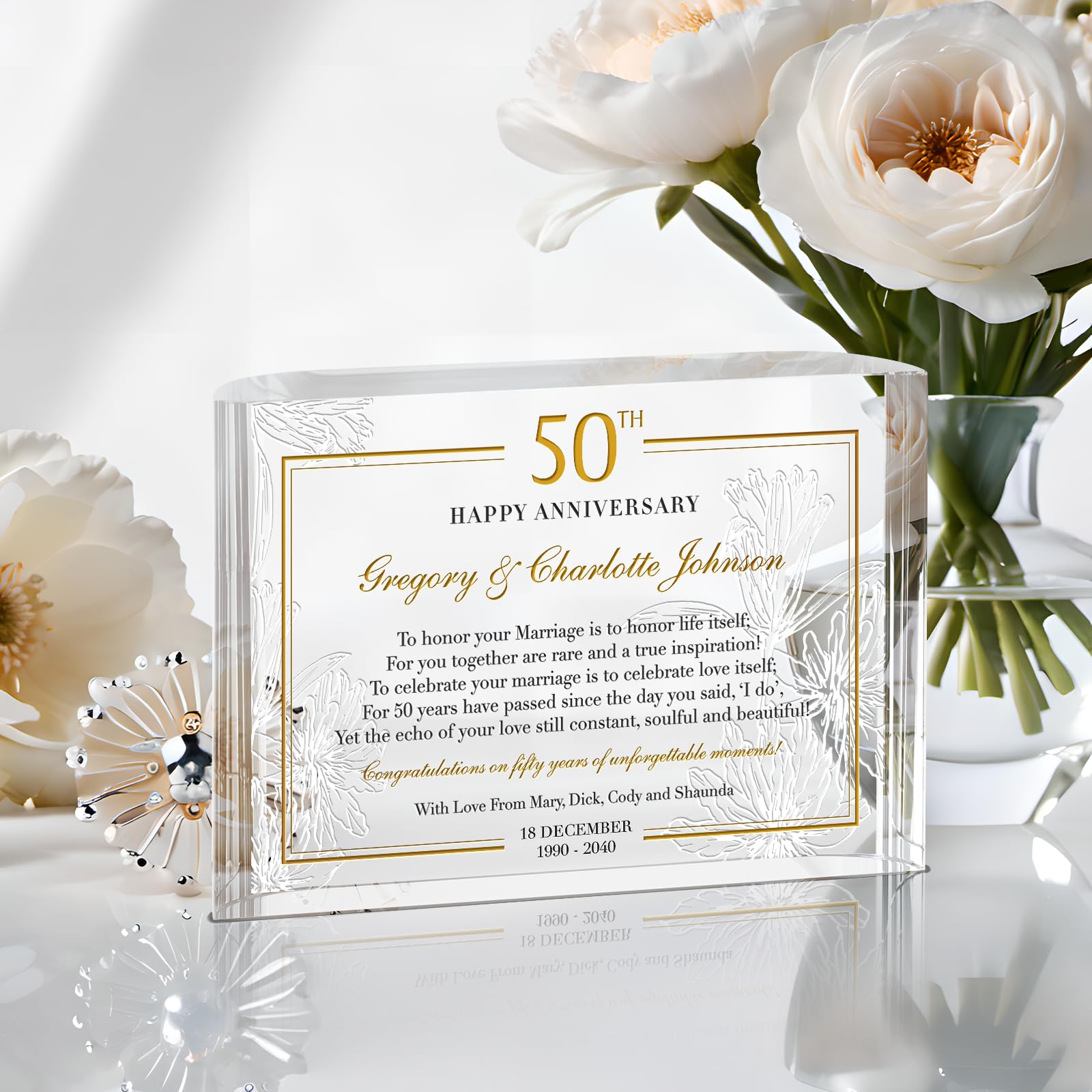 Custom 50th Wedding Anniversary Gift - Personalized Golden Anniversary Keepsake for Parents, Grandparents & Couples - Engraved with Date - Unique 50 Year Wedding Gift from Kids or Friends (5x7 Inches) - Perfect for Displaying on Mantels, Shelves or as a Heartfelt Home Decor