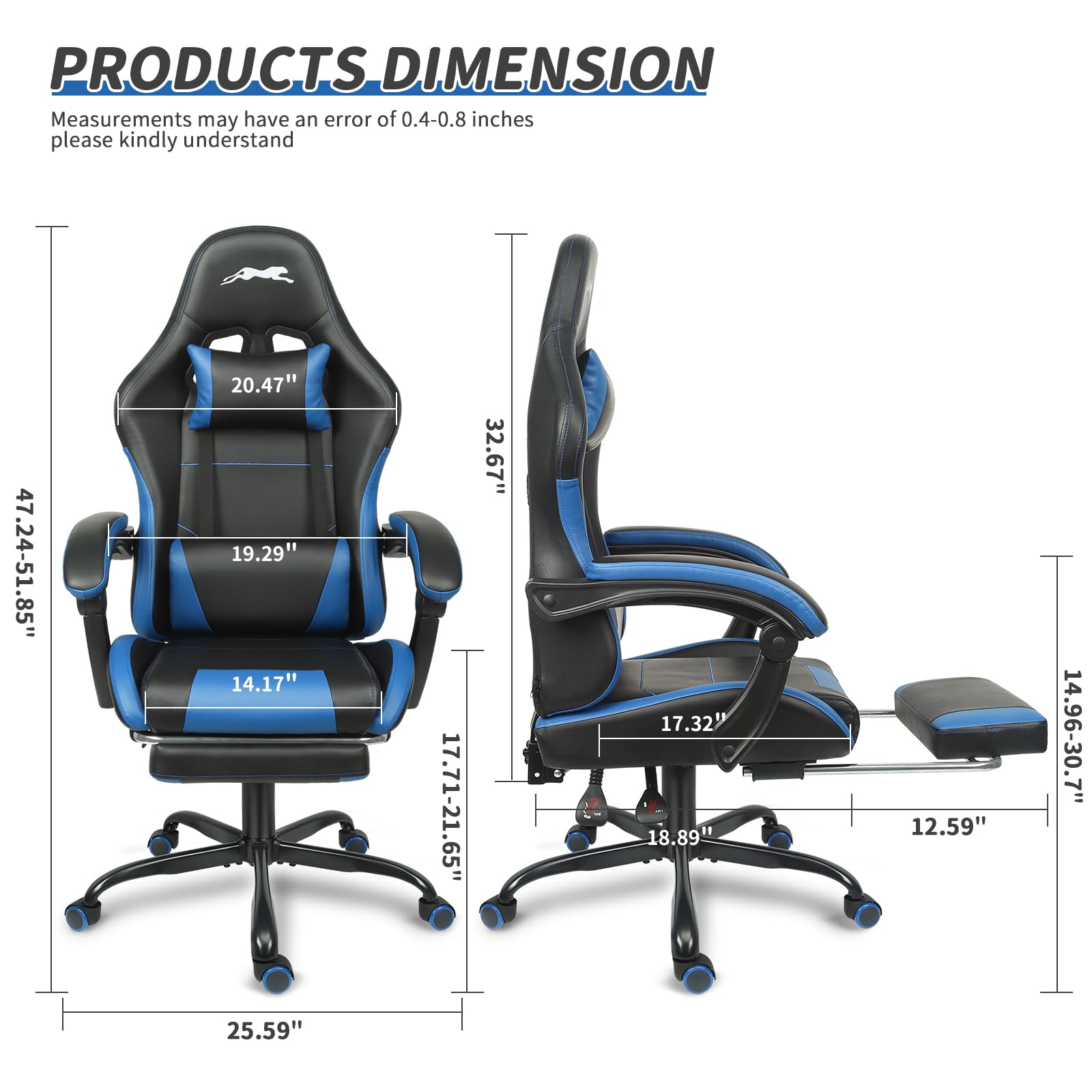 Premium Leopard Print Gaming Chair with Adjustable Footrest & Lumbar Support - Ergonomic Computer Game Chair for PC, Console Gaming, Office & Home - Height Adjustable Racing Style Chair (Black/Blue) - Perfect for Esports, Streaming & Long Work Sessions