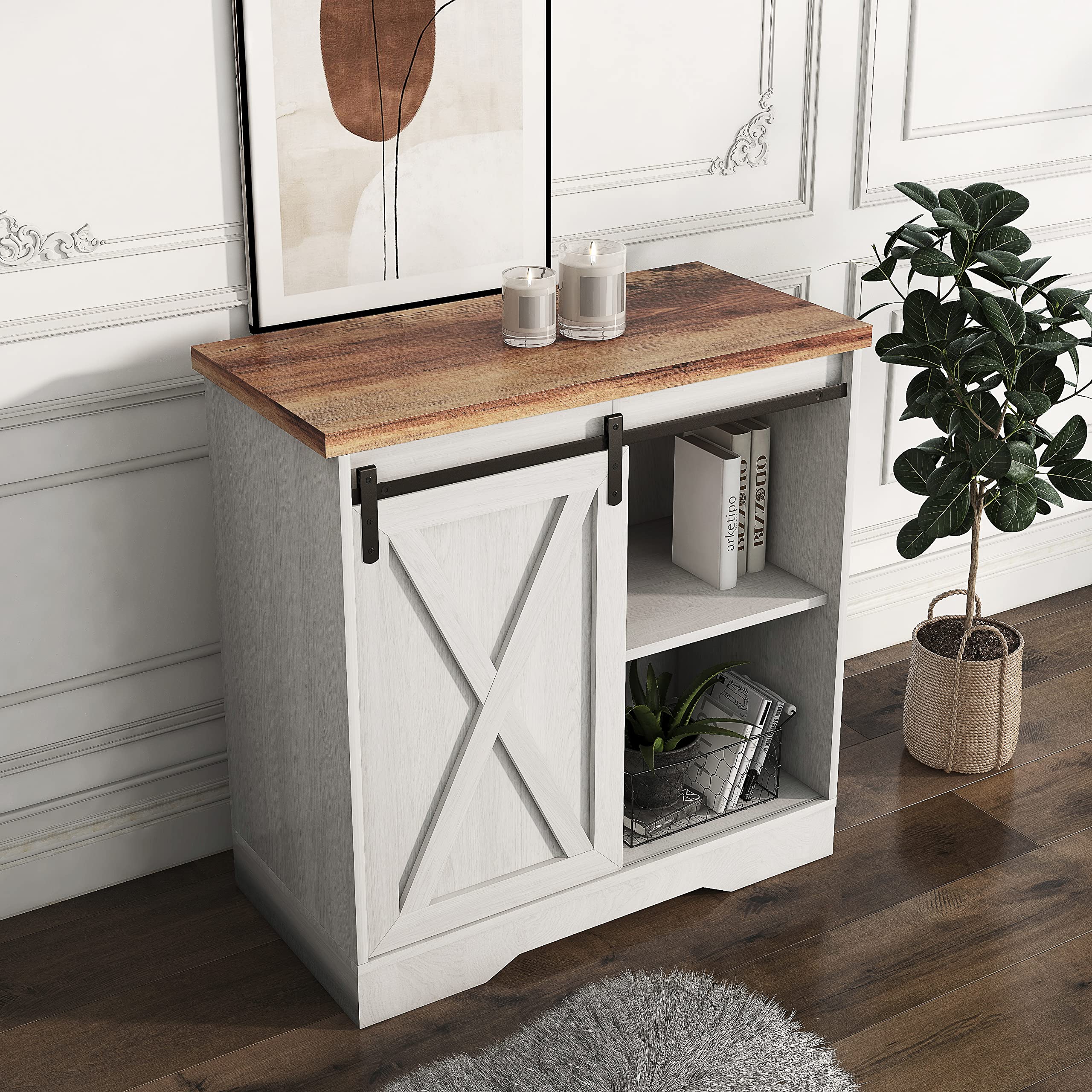 White Storage Cabinet with Sliding Barn Door - Multipurpose Organizer for Entryway, Bathroom, Living Room & Kitchen | Perfect for Home Decor, Closet Storage & Small Space Organization