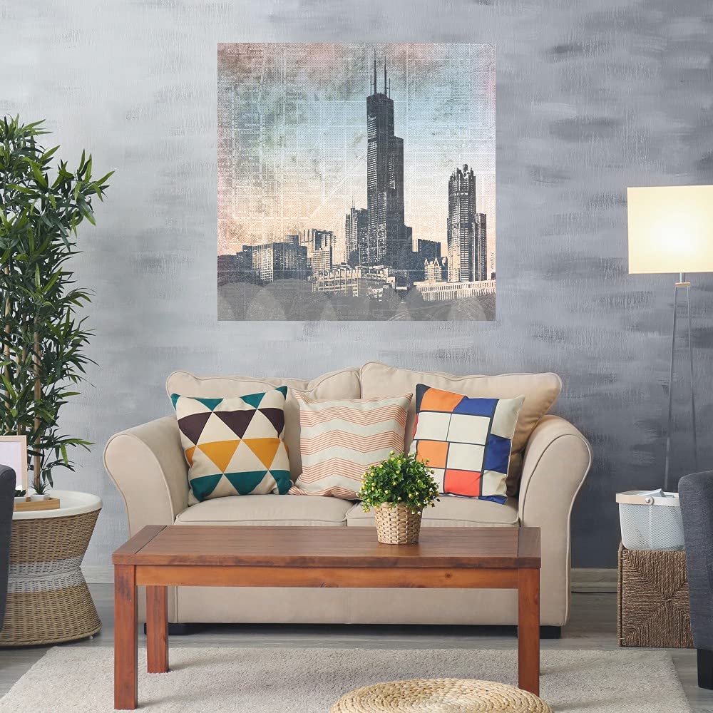 Chicago Skyline Fine Art Canvas Wall Decor by Artist Dan Meneely - 22x22 Inch Ready-to-Hang Painting for Living Room, Bedroom, Office & More - Perfect for Home Decor, Housewarming Gifts & Interior Design