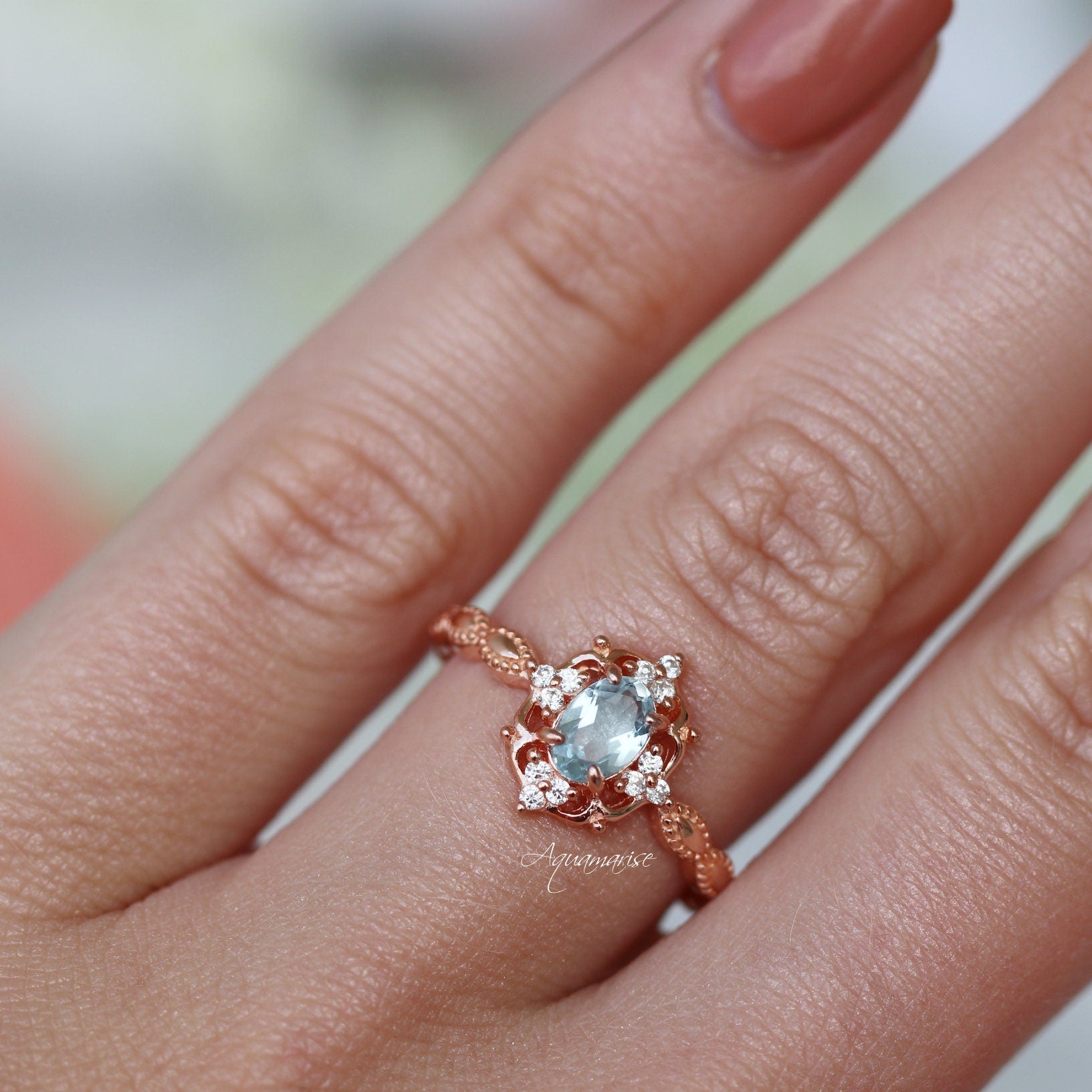 Vintage Aquamarine Ring 14K Solid Rose Gold - Elegant Jewelry for Women, Perfect for Weddings, Anniversaries & Special Occasions