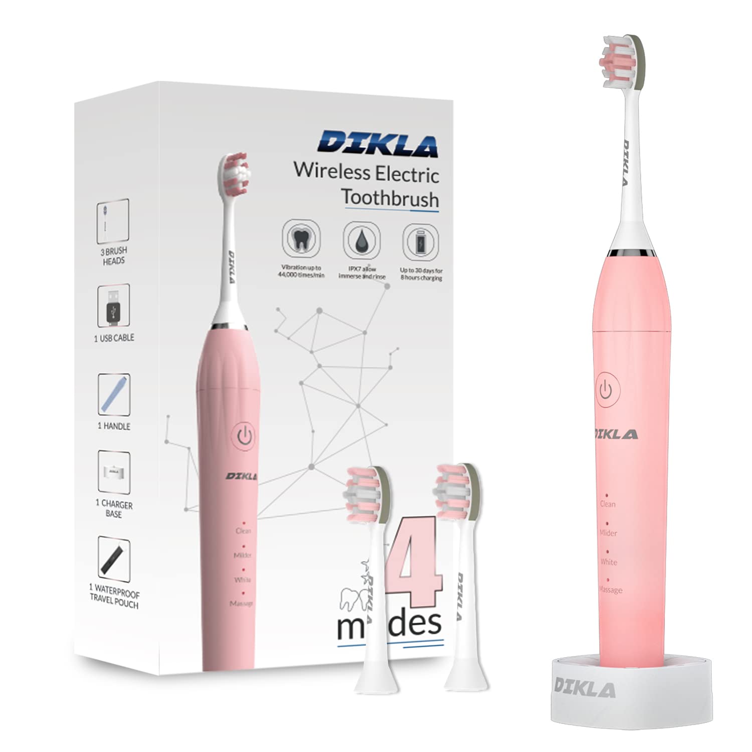 DIKLA Sonic Electric Toothbrush for Adults - 44,000 VPM Whitening Toothbrush with 4 Modes, Smart Timer & Fast Charging | Plaque Removal, Teeth Whitening | Perfect for Travel & Daily Oral Care (Pink)