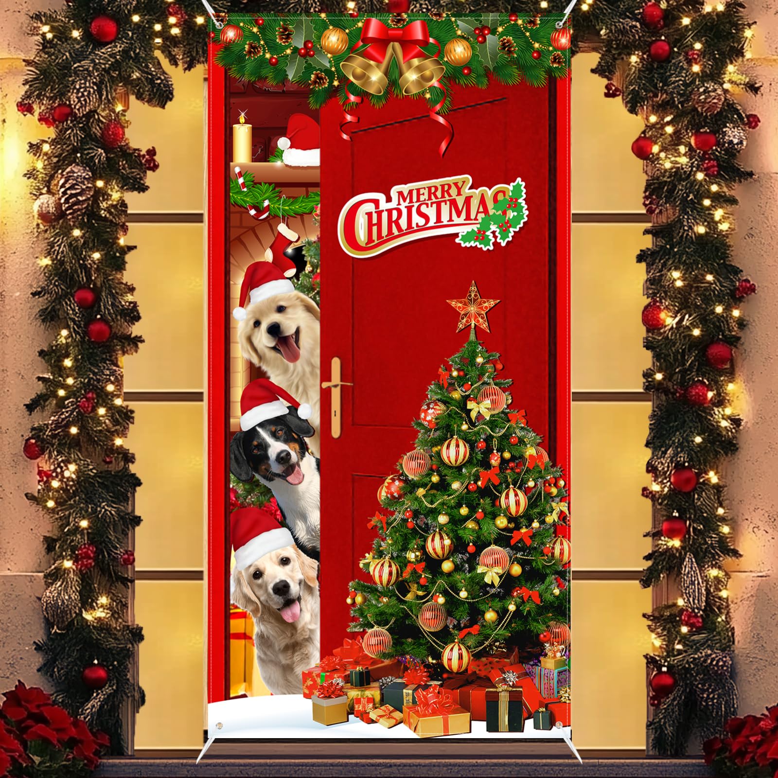 Merry Christmas Animal Door Cover Decorations - Large Front Door Banner for Winter Holiday Party, Xmas Photo Background & Home Decor - Perfect for Indoor/Outdoor Holiday Celebrations & Festive Gatherings