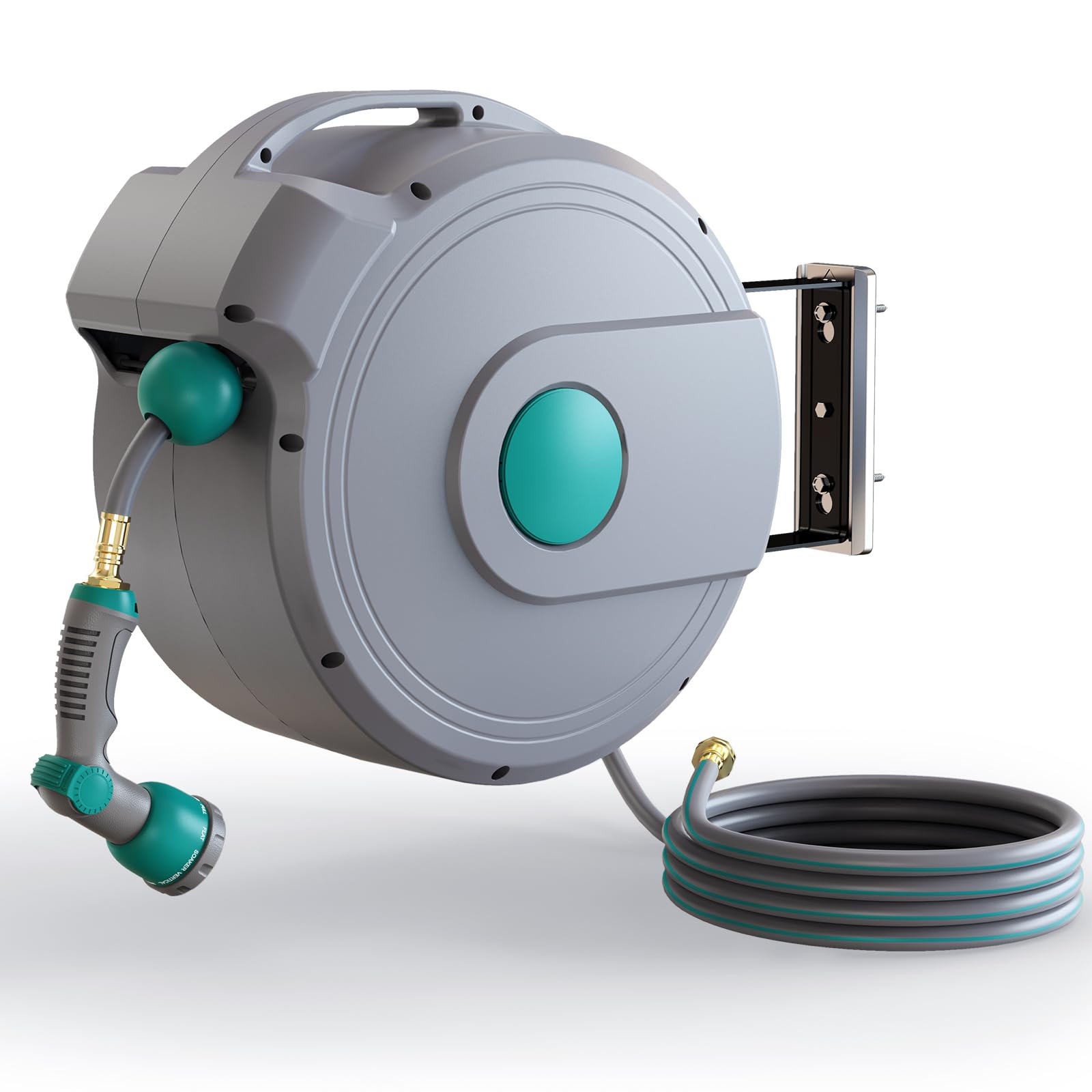 Retractable Garden Hose Reel - 1/2 Inch x 100 Feet Wall Mounted with 10-Function Spray Nozzle, Adjustable Length Lock, Slow Return System, 180° Swivel Bracket (Grey) - Perfect for Lawn Care, Car Washing & Outdoor Cleaning