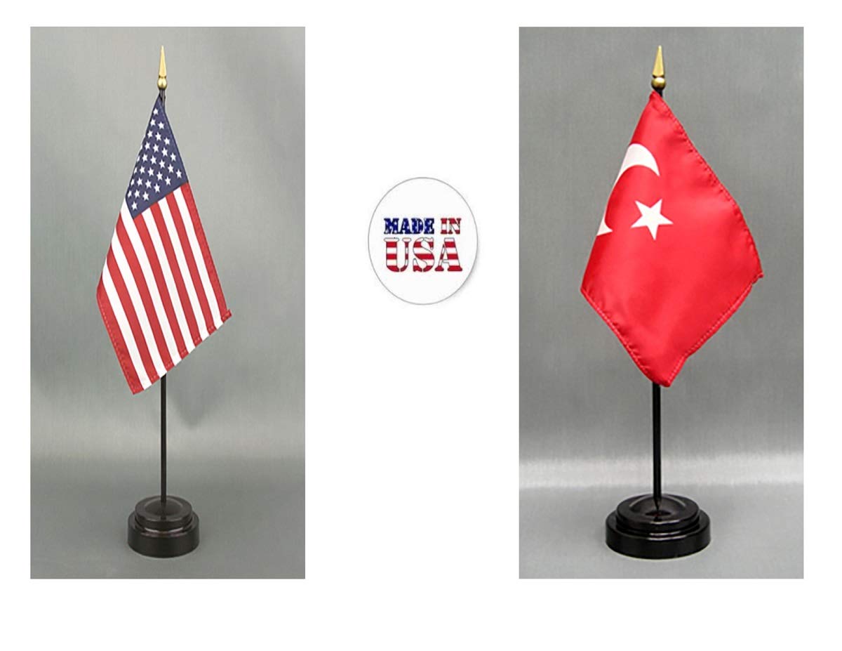 American Made Turkey Desk Flag Set - 4x6 Inch Rayon Office Desk & Hand Waving Table Flags with 2 Stands (USA & Turkey Flags) - Perfect for Office Decor, International Events & Patriotic Displays