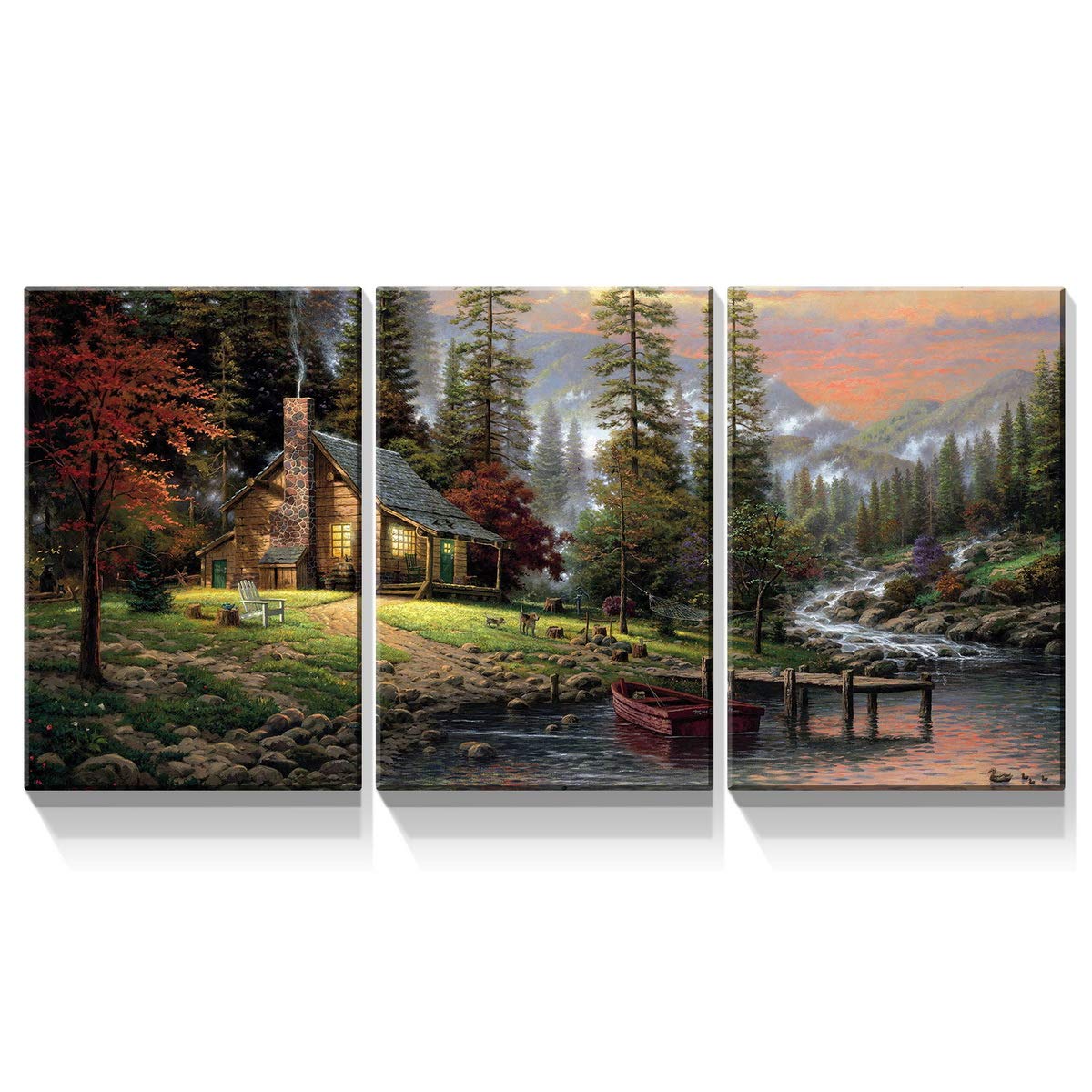 Denozer - 3 Panels Thomas Kinkade Garden Landscape Oil Painting Canvas Wall Art, Stretched and Framed Ready to Hang, 20