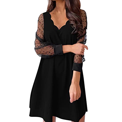 Elegant Black Polka Dot Long Sleeve Casual Dress with Pockets - Women's Straight Knee-Length Printed Mesh Dress (Black, Size S) | Perfect for Office Wear, Date Nights, and Special Occasions