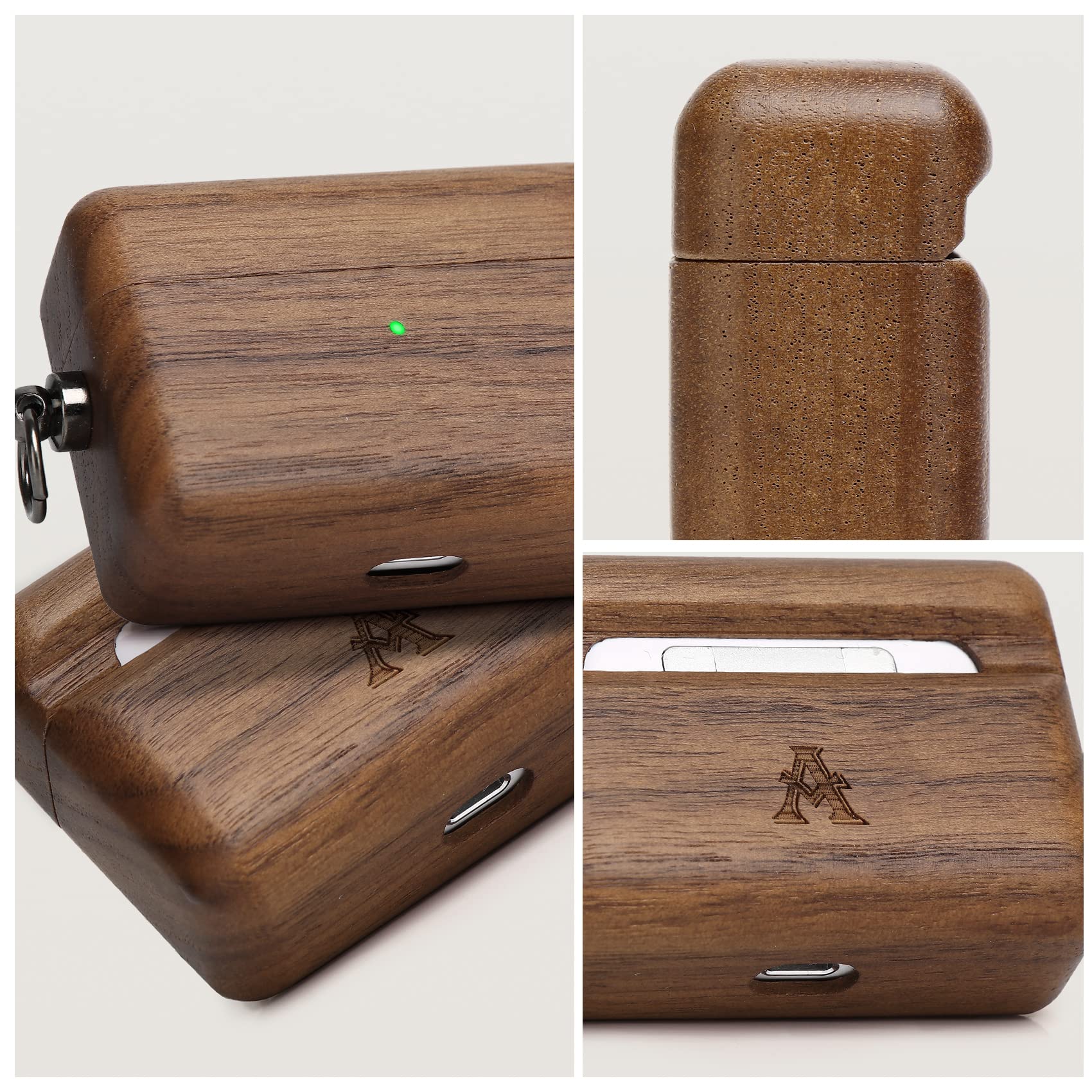 Wood AirPods Case for AirPods Pro - Walnut Protective Cover with Carabiner for Outdoor Use