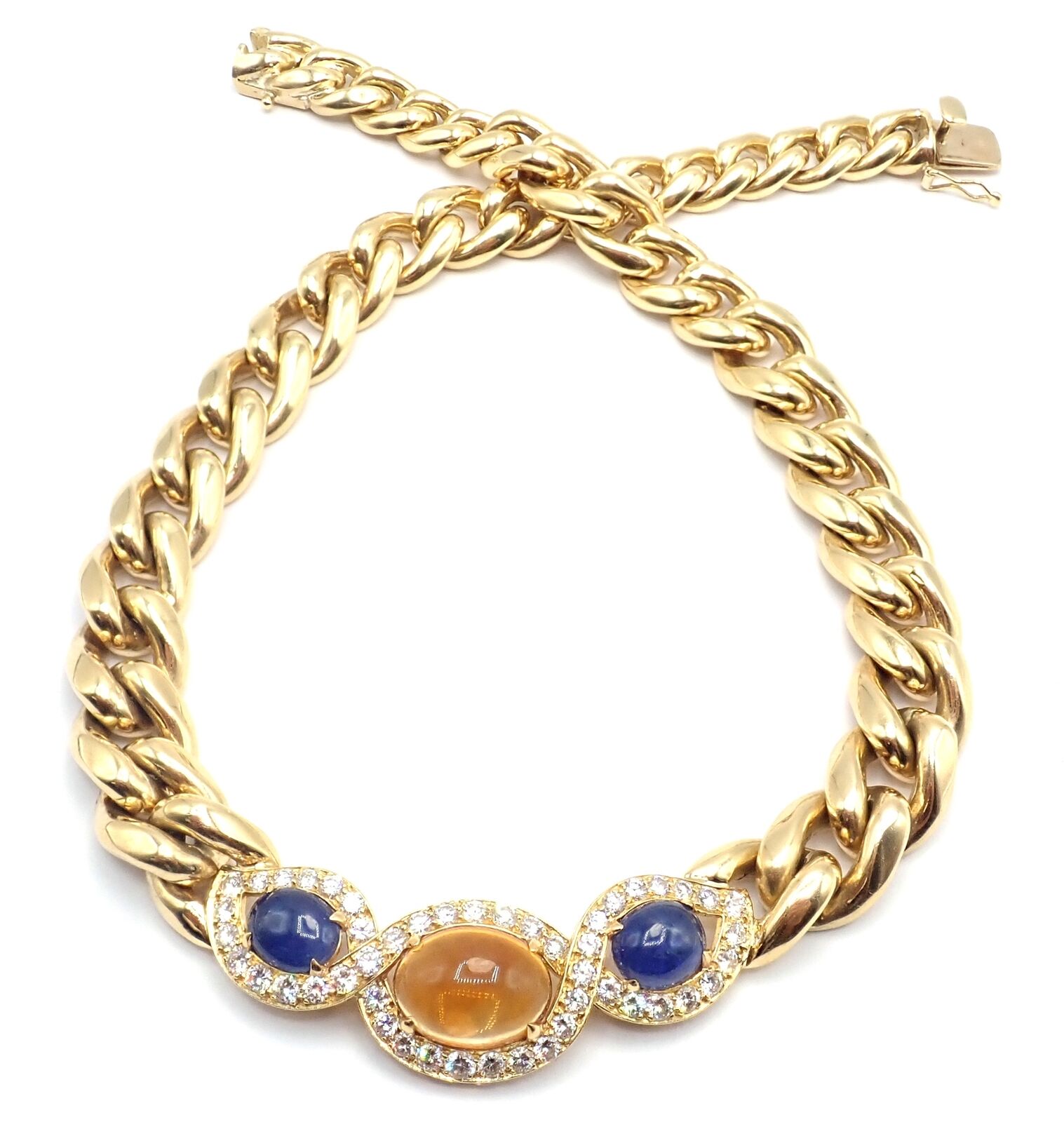 Bvlgari Bulgari 18k Yellow Gold Diamond Citrine Sapphire Link Necklace - Luxury Italian Jewelry for Women, Perfect for Weddings, Parties & Special Occasions
