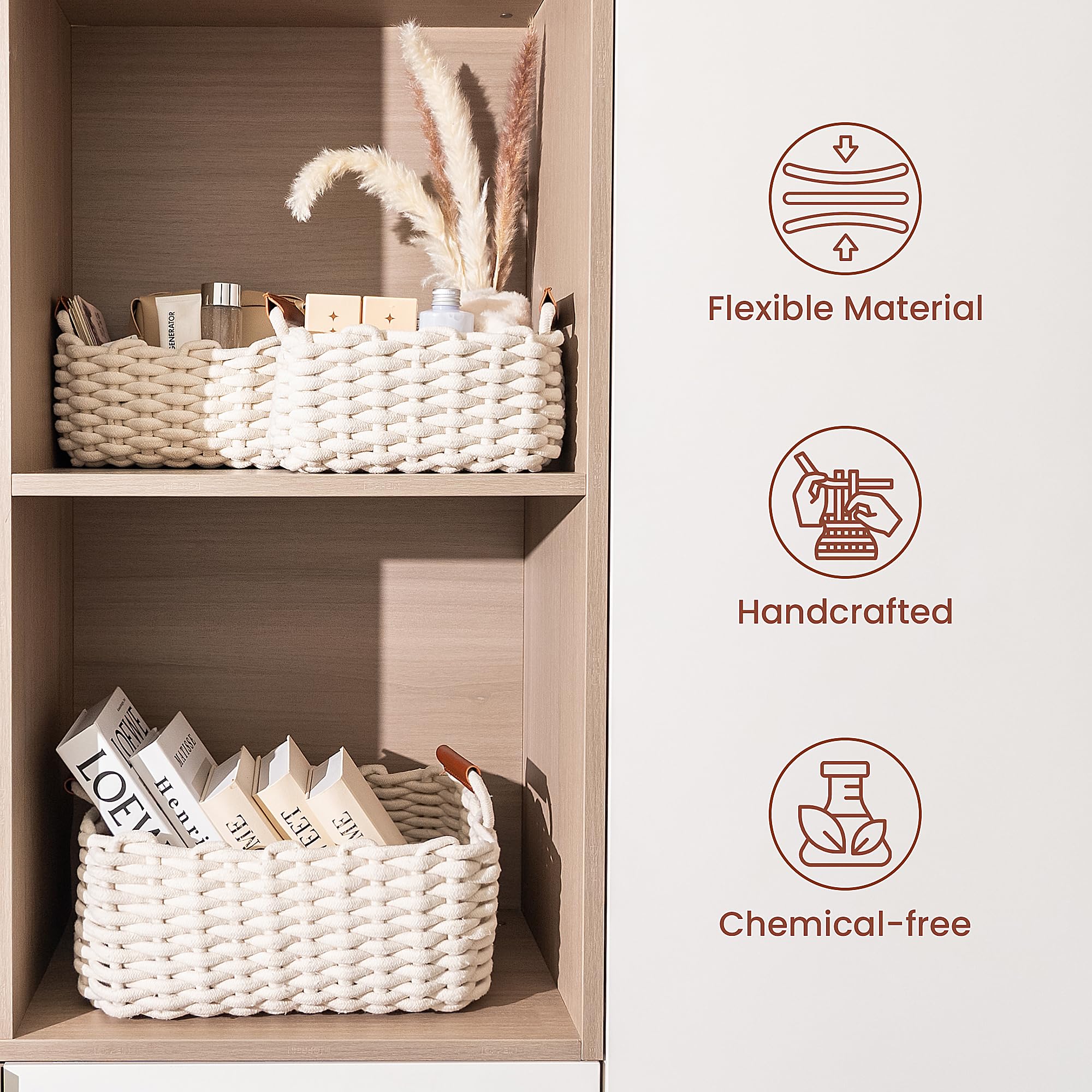 3-Pack Cotton Rope Storage Baskets with Handles - Multi-Purpose Organizer for Diapers, Toys, Bathroom & Closet - Decorative Shelving Bins for Home Organization (Beige/Natural) - Perfect for Nursery, Bedroom & Living Room Storage Solutions