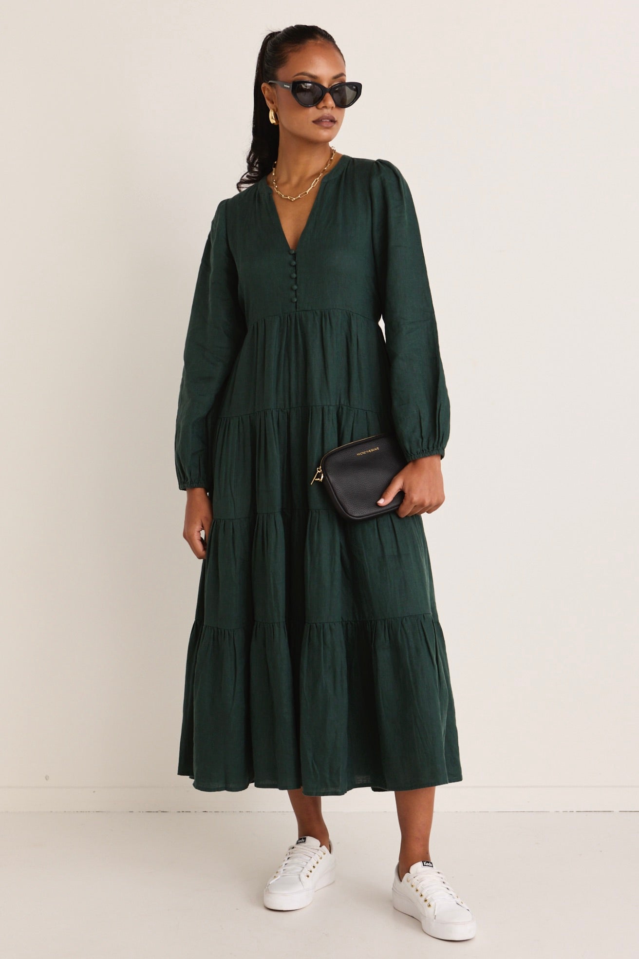 Stylish Dark Forest Linen Long Sleeve Button Front Tiered Maxi Dress for Women - Perfect for Boho Chic Outfits, Beach Vacations & Summer Weddings