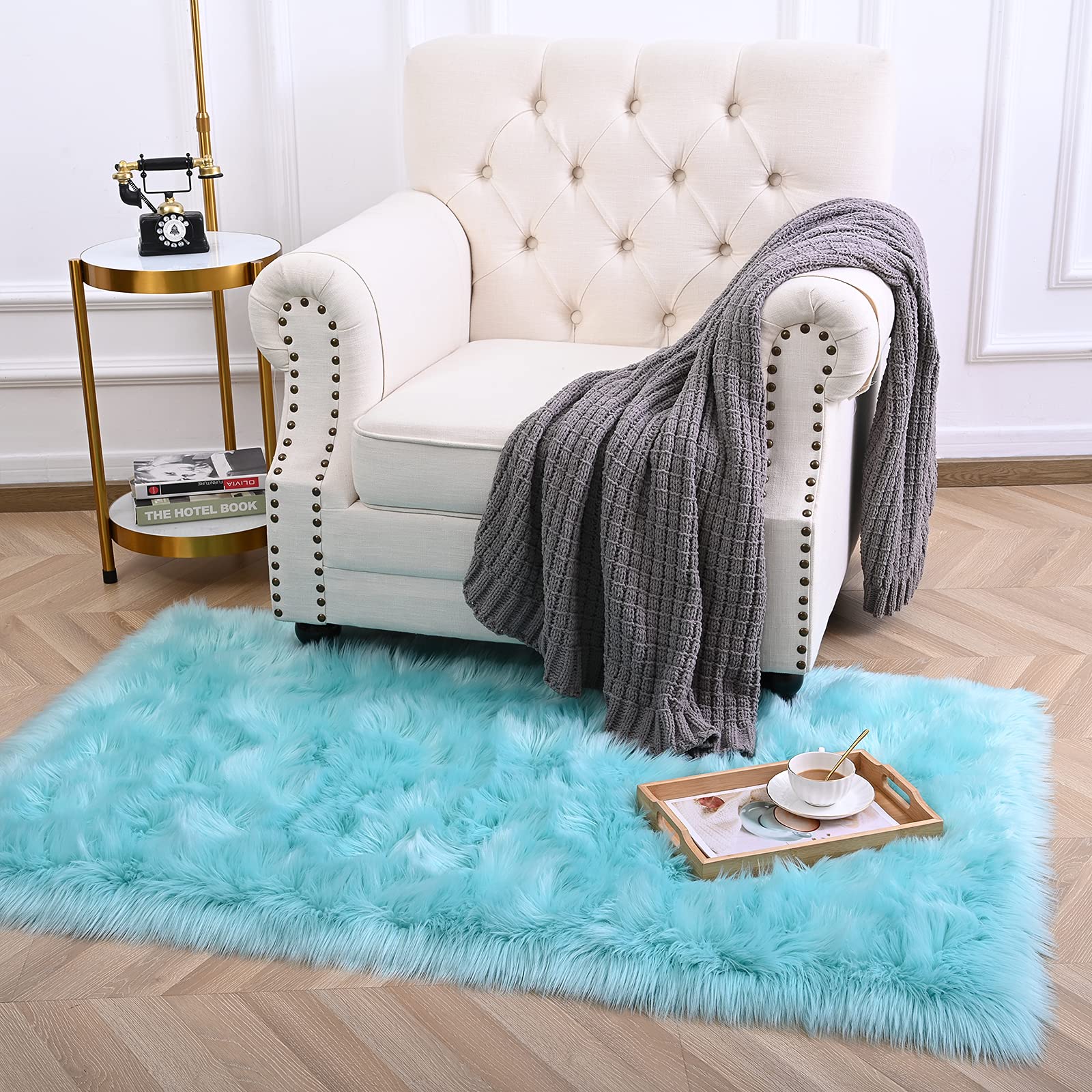 Ultra Soft Faux Sheepskin Fur Area Rug - Fluffy Shag Rug 3x5 Feet in Teal Blue | Cozy Living Room, Bedroom & Nursery Decor