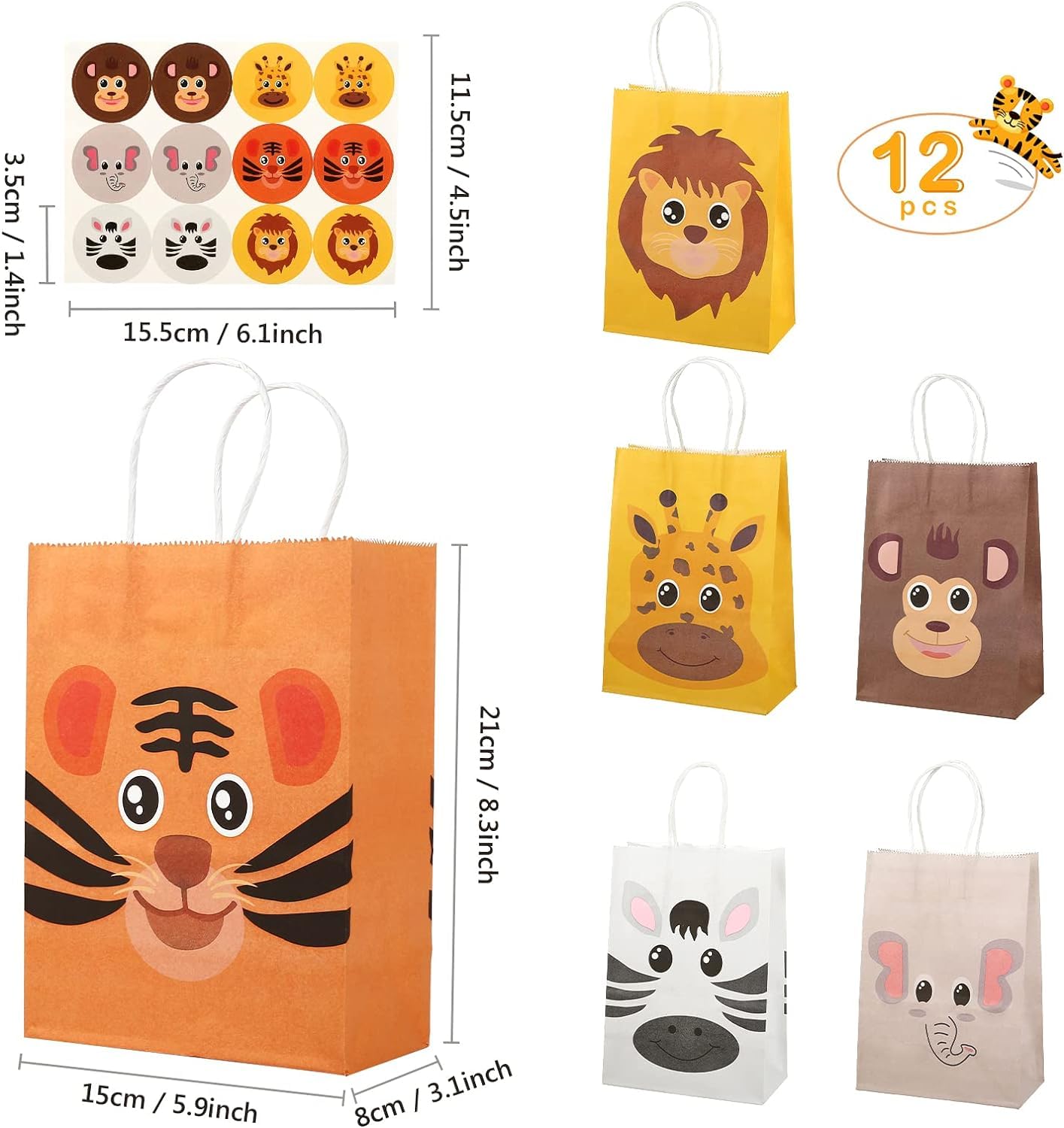 12 Pack Jungle Animal Themed Kraft Paper Treat Bags with Handles - Safari Baby Shower & Kids Birthday Party Favors - Perfect for Candy, Goodie Gifts & Party Decorations