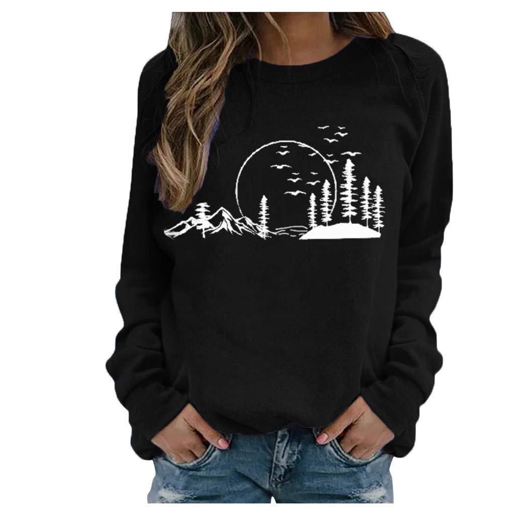 Women's Long Sleeve Graphic Pullover Sweatshirt - Mountain Print Casual Tops for Fall & Winter | Perfect for Hiking, Outdoor Activities & Everyday Wear